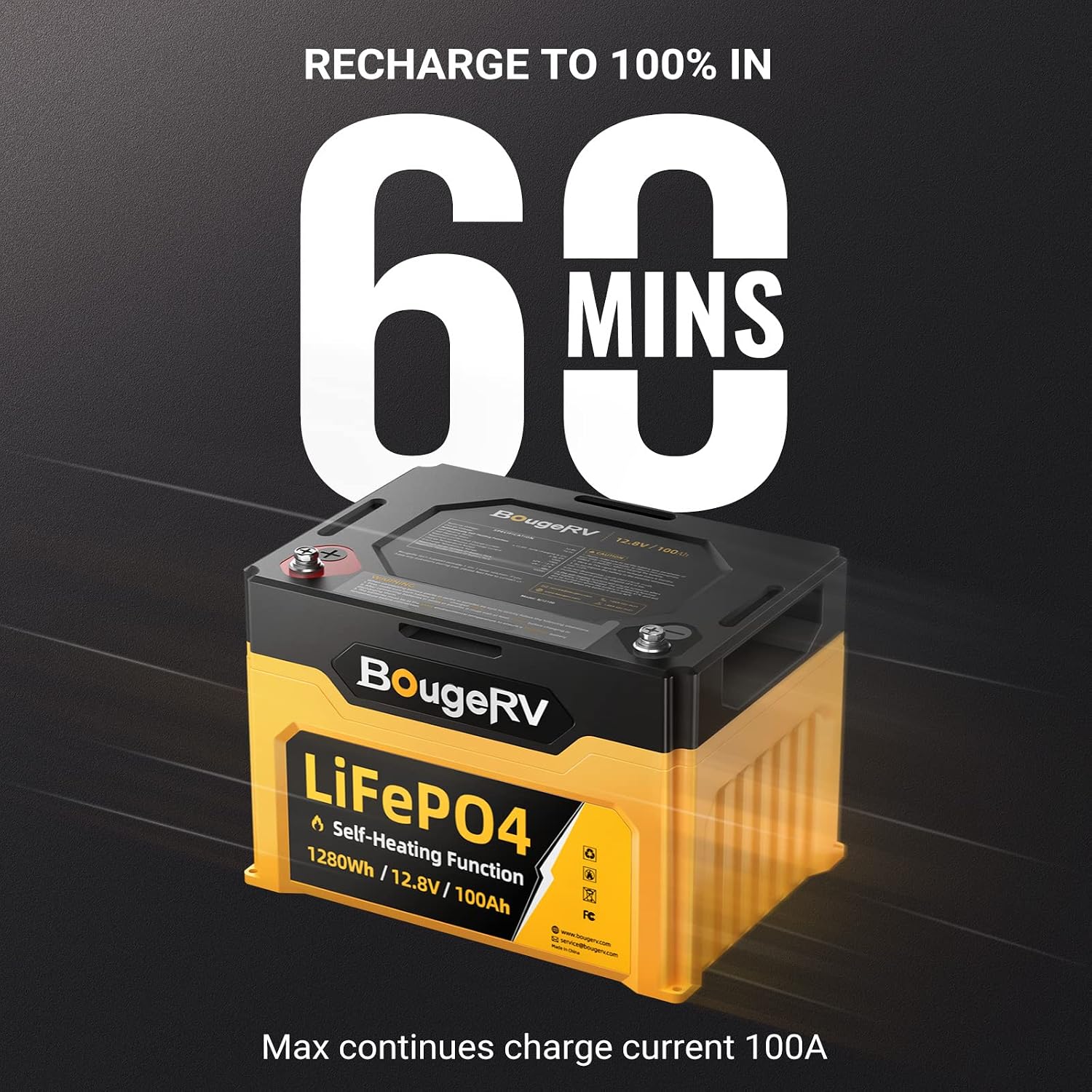 【Upgrade】BougeRV 12V 100Ah Group 24 LiFePO4 Battery, Low-Temp Protection, Built-in 100A BMS, 1280Wh Deep-Cycle，Lithium-Iron Phosphate Battery Perfect for RV, Trolling Motor, Marine, Solar Backup Power