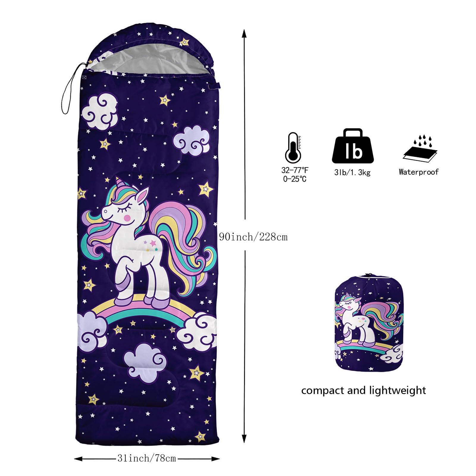 HOSIMA Einhorn-Schlafsack, kaltes Klima, für Erwachsene, Mädchen und Jungen, wasserdicht, für Herren, warm, Camping, Wandern, Outdoor, Reisen, Jagd, Kompressionssack (Einhorn) Sport & Freizeit