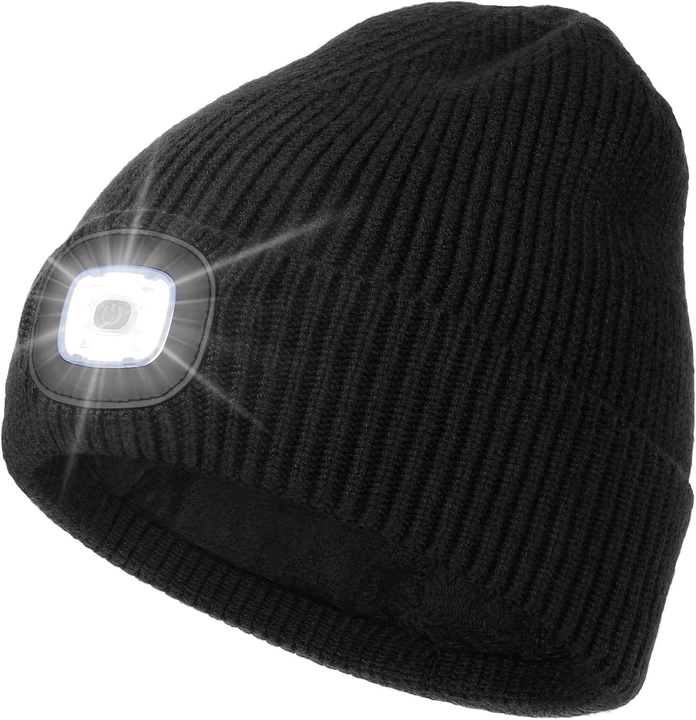 MELASA Fleece Lined Beanie with LED Light and USB Rechargeable Hands Free LED Headlamp Hat, Knitted Night Light Beanie Cap Flashlight Hat, Men Gifts for Dad Father Husband