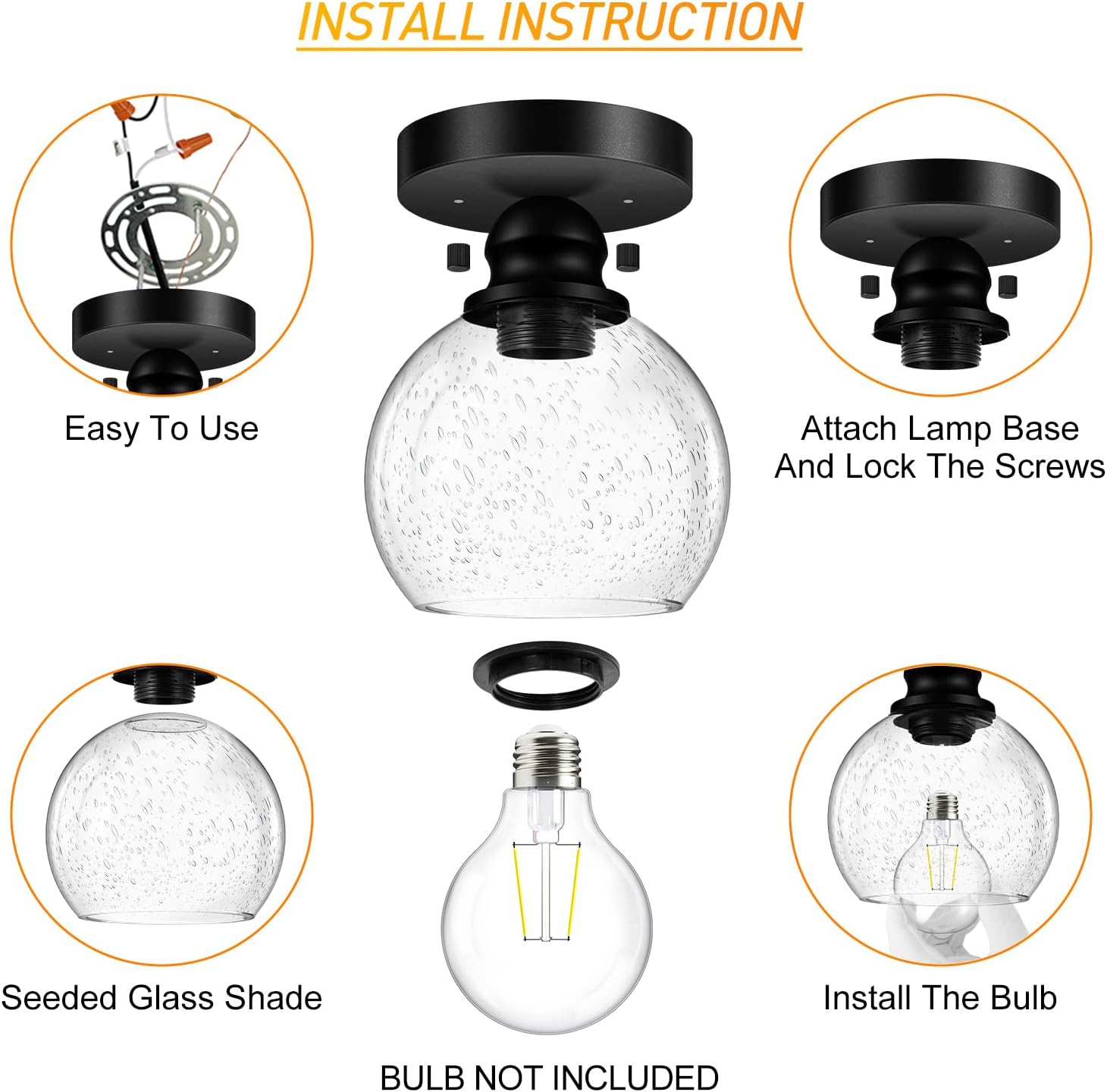 Industrial Semi Flush Mount Ceiling Light, 5.91 Inch Seeded Glass Ceiling Lamp Shade, Matte Black Closet Lights, Garage Ceiling Light Fixture for Hallway Porch Entryway Bath Vanity (E26 Base, No Bulb)