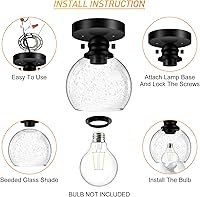 Vista 6 de Industrial Semi Flush Mount Ceiling Light, 5.91 Inch Seeded Glass Ceiling Lamp Shade, Matte Black Closet Lights, Garage Ceiling Light Fixture for