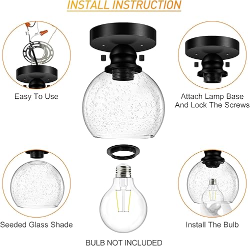 Miniatura 6 de Industrial Semi Flush Mount Ceiling Light, 5.91 Inch Seeded Glass Ceiling Lamp Shade, Matte Black Closet Lights, Garage Ceiling Light Fixture for