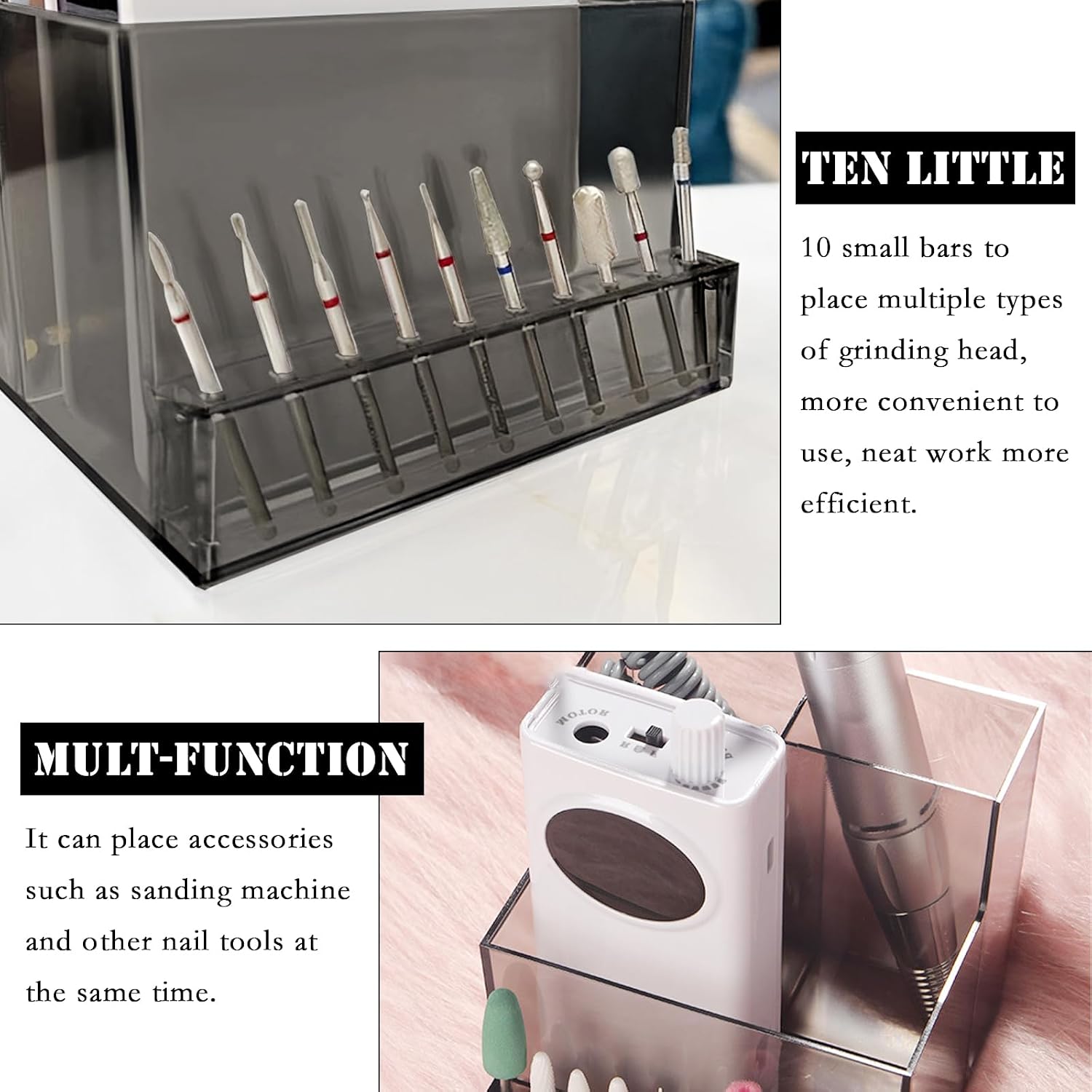 10 Holes Nail Drill Grinding Bit Holder Box, Acrylic Nail Tool Storage Rack, Professional Nail Art Polishing Grinding Drill Bit Holder Display Storage Box for Nail Drill Manicure Tools