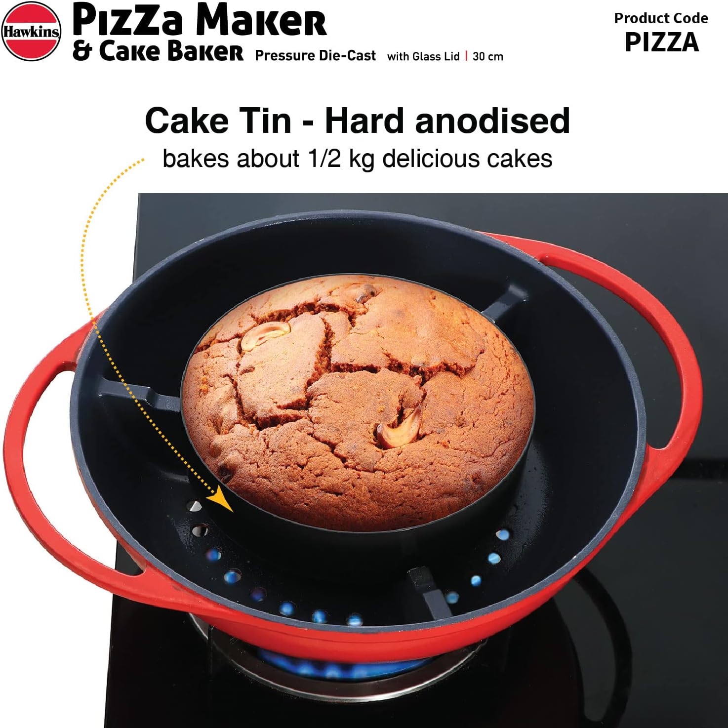 HAWKINS Diecast 30 cm Nonstick Pizza Maker and Cake Baker with Glass Lid, Gas Oven, Pizza Oven Toaster Griller Tandoor Barbecue, Cake Baking Pan, Red (Pizza)