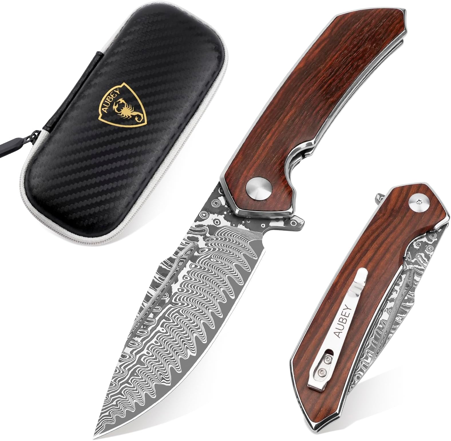 Damascus Pocket Knife with Clip, Damascus Steel Blade Folding Knives with Ball Bearing, EDC Knife for Outdoor Camping Collection (Wooden Handle)