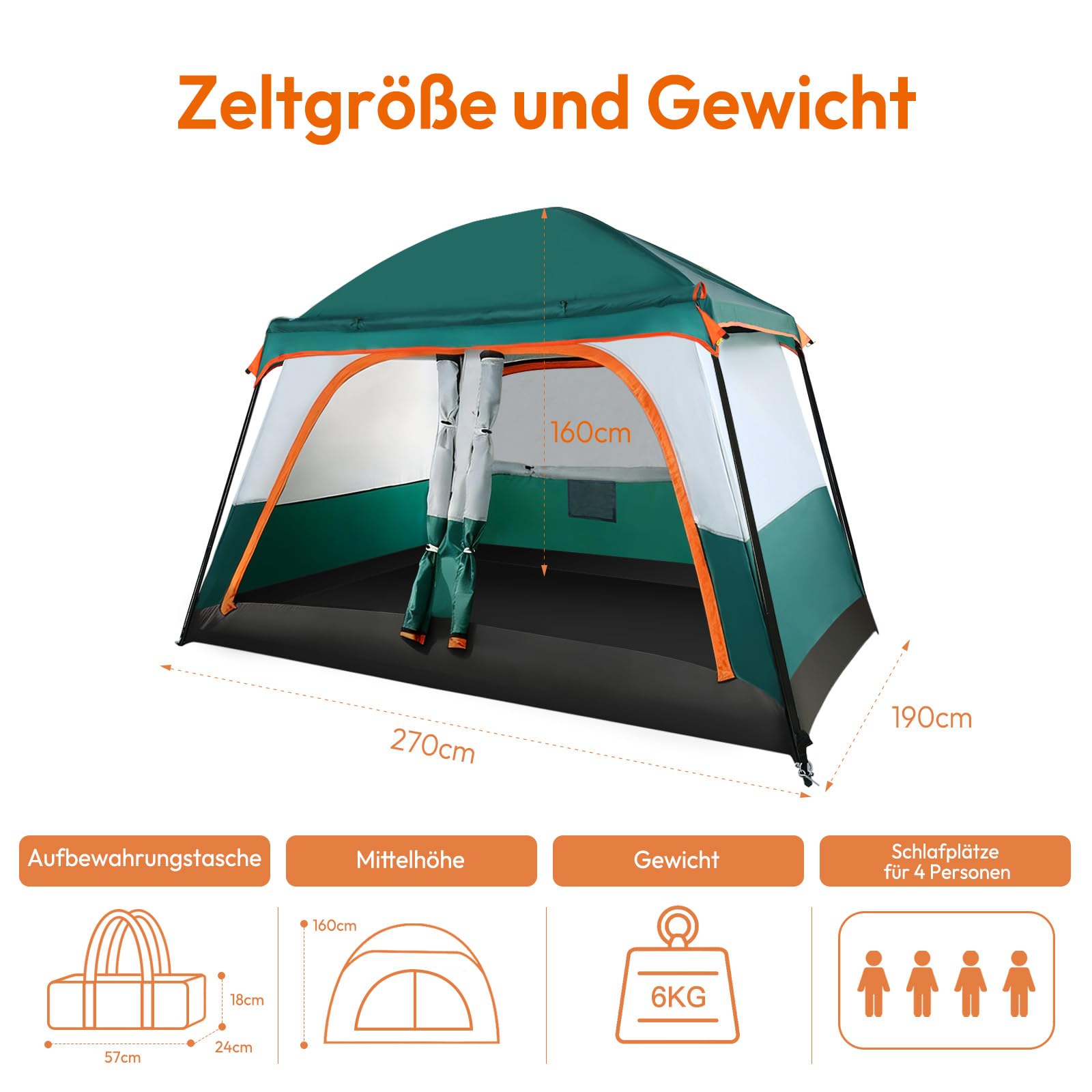Treeboy Familienzelt 4 Personen PU3000mm Wasserdicht Glamping Zelt Hauszelt Quick-up Große inkl. abnehmbarem Dach & Tragetasche, Verdunkelungszelt mit Veranda für Camping Outdoor Reise Trekking
