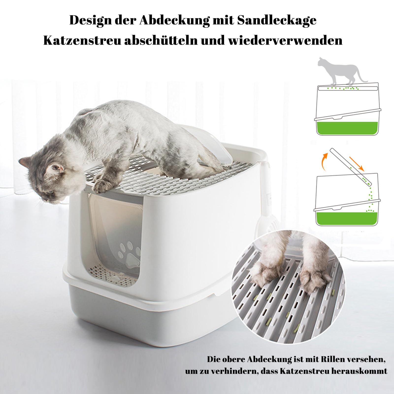 CALIYO Katzenklo mit Deckel - Anti-Geruch Katzenklo Geschlossen mit Hoher Rand, Katzentoilette mit Sieb & Matte für Große Katzen bis 7.5kg, Cat Litter Box (Grau-Weiß, 51×45×40 cm)