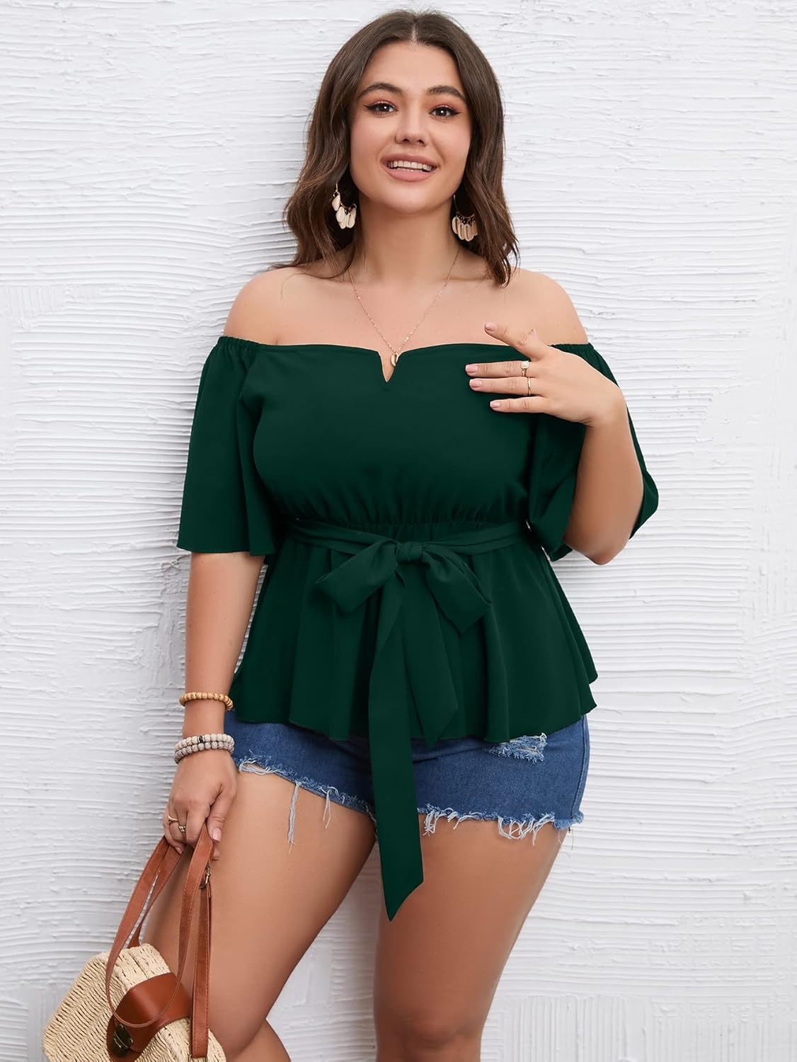 SCOMCHIC Women's Plus Size Off The Shoulder Peplum Blouse Top Half Bell Sleeve Tie Waist Ruffle Hem Babydoll Tops - Image 3