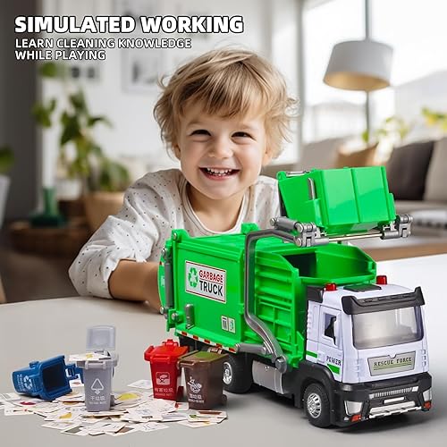 Miniatura 2 de OANMYJJO Garbage Truck Toys for Kids,Garbage Truck Metal Diecast Cab,Pull Back Garbage Truck Toy with Lights and Sounds,Recycling Truck Toy with