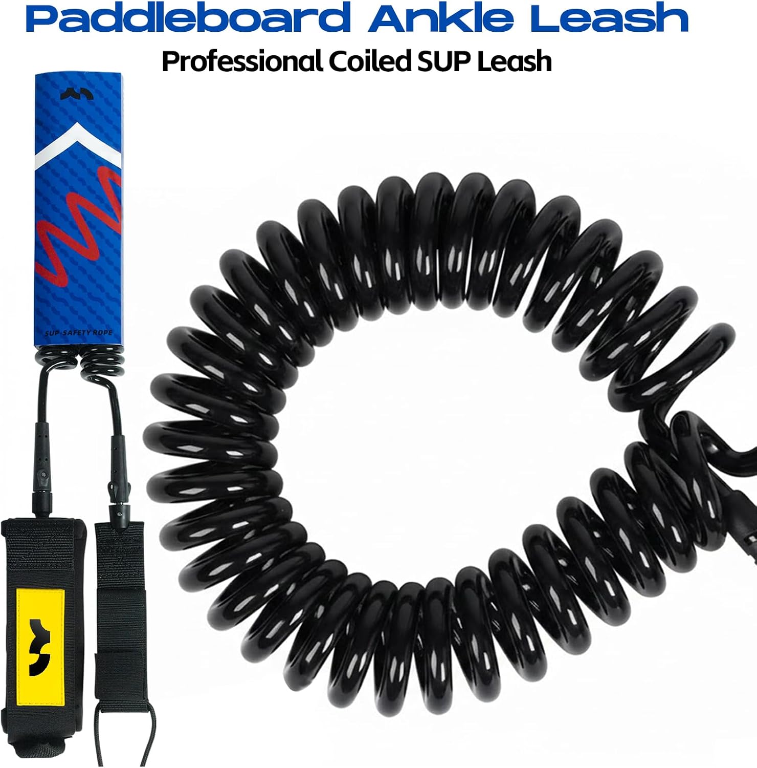 Mountocean Paddleboard Leash, All-Around 10 ft Coiled SUP Leash, Comfortable Ankle Cuff, Double Swivel, Anti-Tangle Ankle Leash for Stand Up Paddleboards
