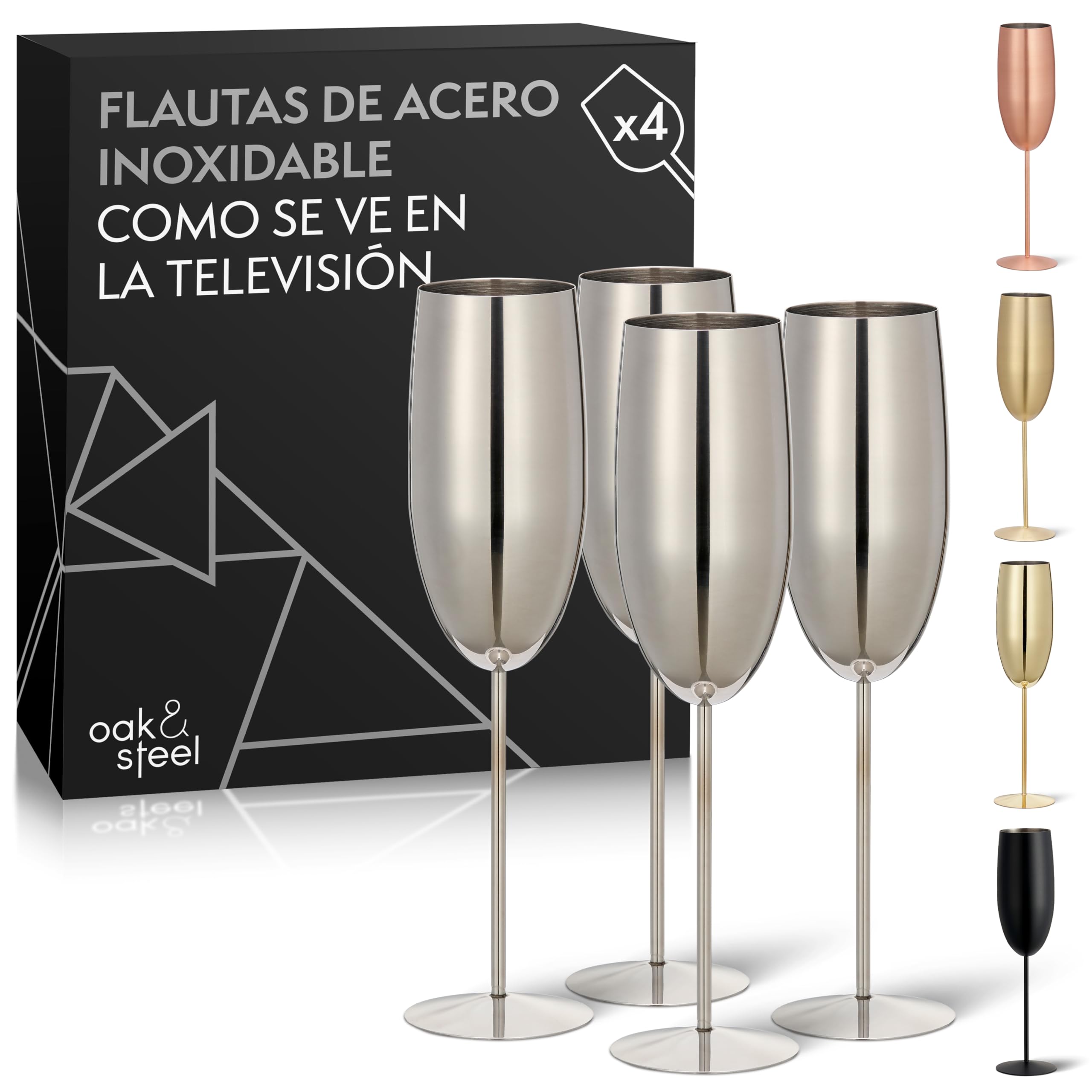Oak & Steel - 4 Elegantes Copas de Champán de Acero Inoxidable, 285ml - Copas Cava de Acero Inoxidable Plateado - Set Original para Brindis, Bodas, Fiestas y Celebraciones