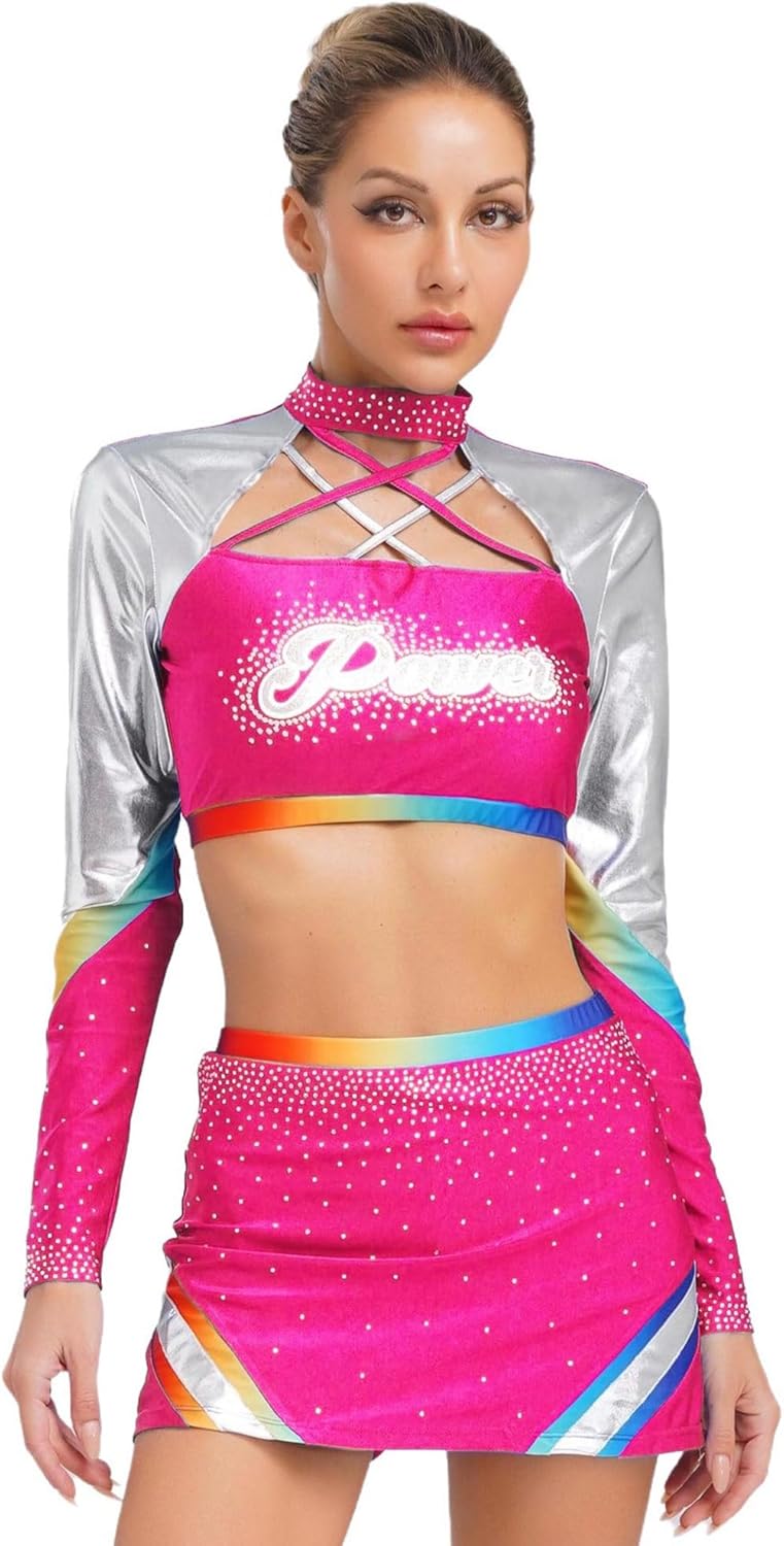 Sholeno Women Long Sleeves Cross Straps Crop Tops Cheerleading Uniform With Rhinestones For Adult