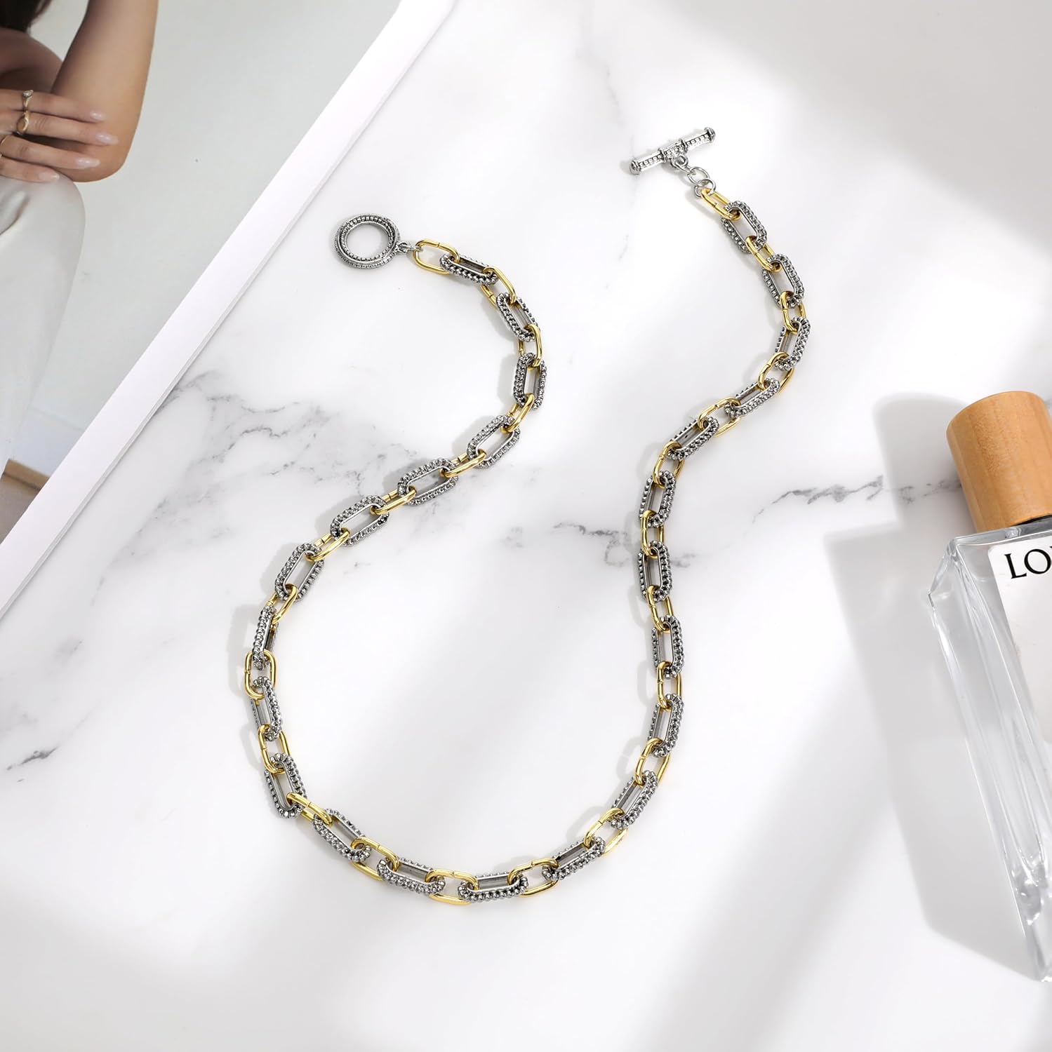 Two Tone Necklace for Women Adjustable Gold and Silver Toggle Necklace Gold Plated Twist Vintage Classic Jewelry