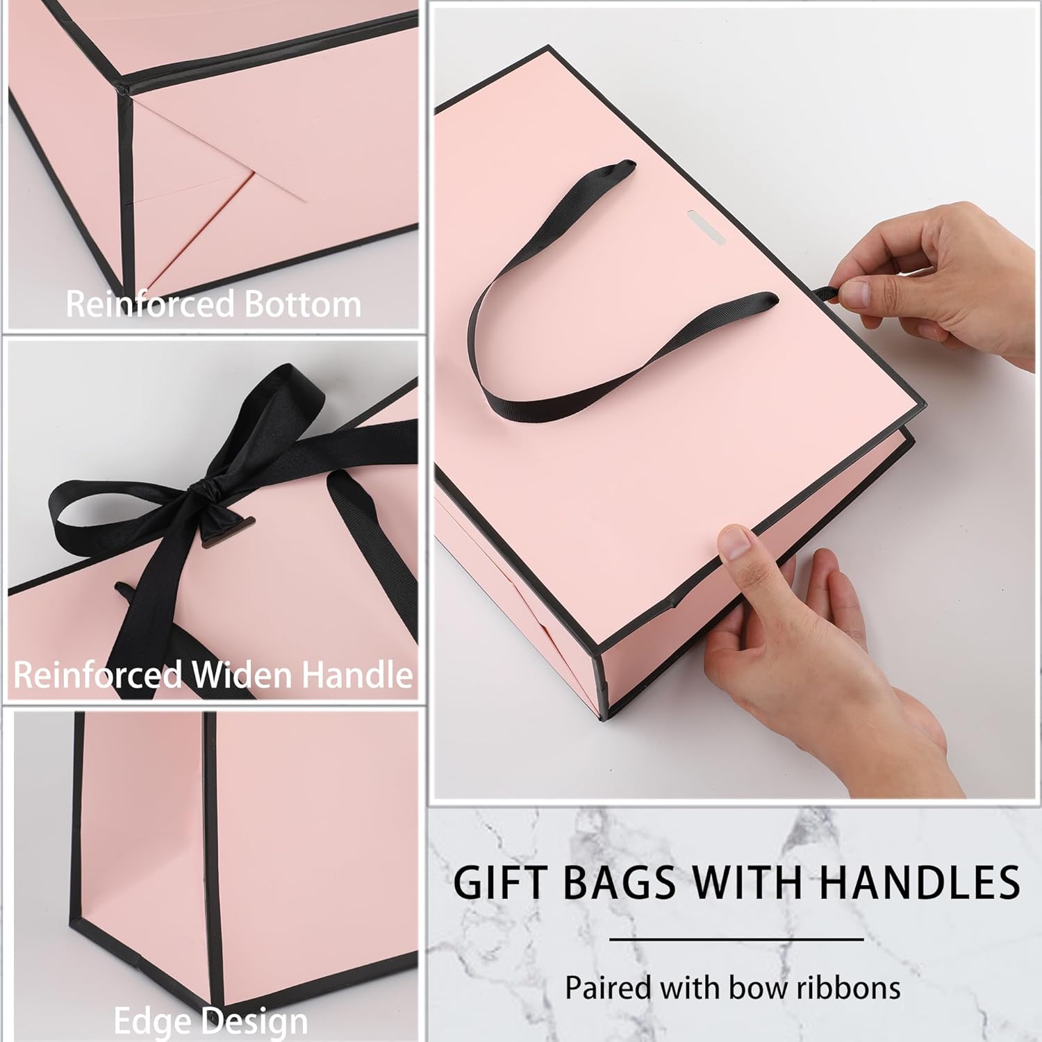 STOBOCTER 25 Pcs Elegant Paper Gift Bags with Handles 12.6x4x9.1'' Thank You 5 Senses Gift Bags with Bow Ribbon for Wedding Bridesmaid Father's Day Graduation Housewarming Birthday Party(Pink, Black)