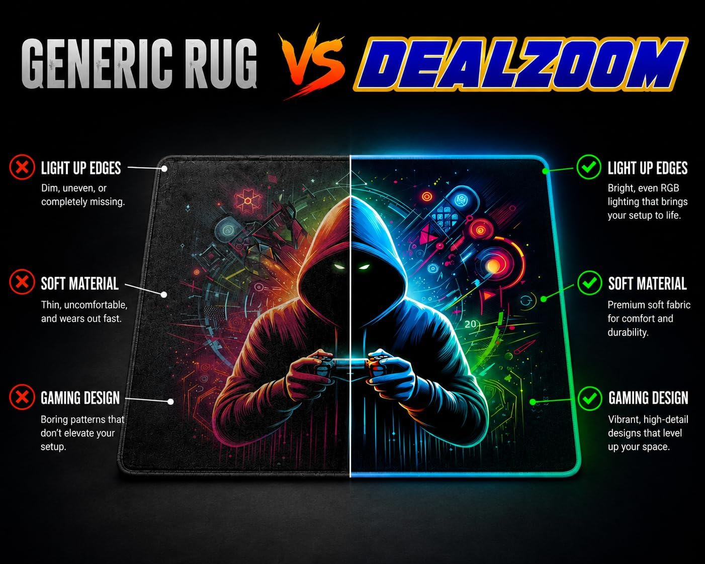 Gaming Rug RGB LED Light (3x5 Gamer) - Bedroom Gamer Rug Floor Mat Gaming Decor - Kids Room Rug Anti Slip Mat for Chair – Play Game Room Décor for Teen, Boys, Kids