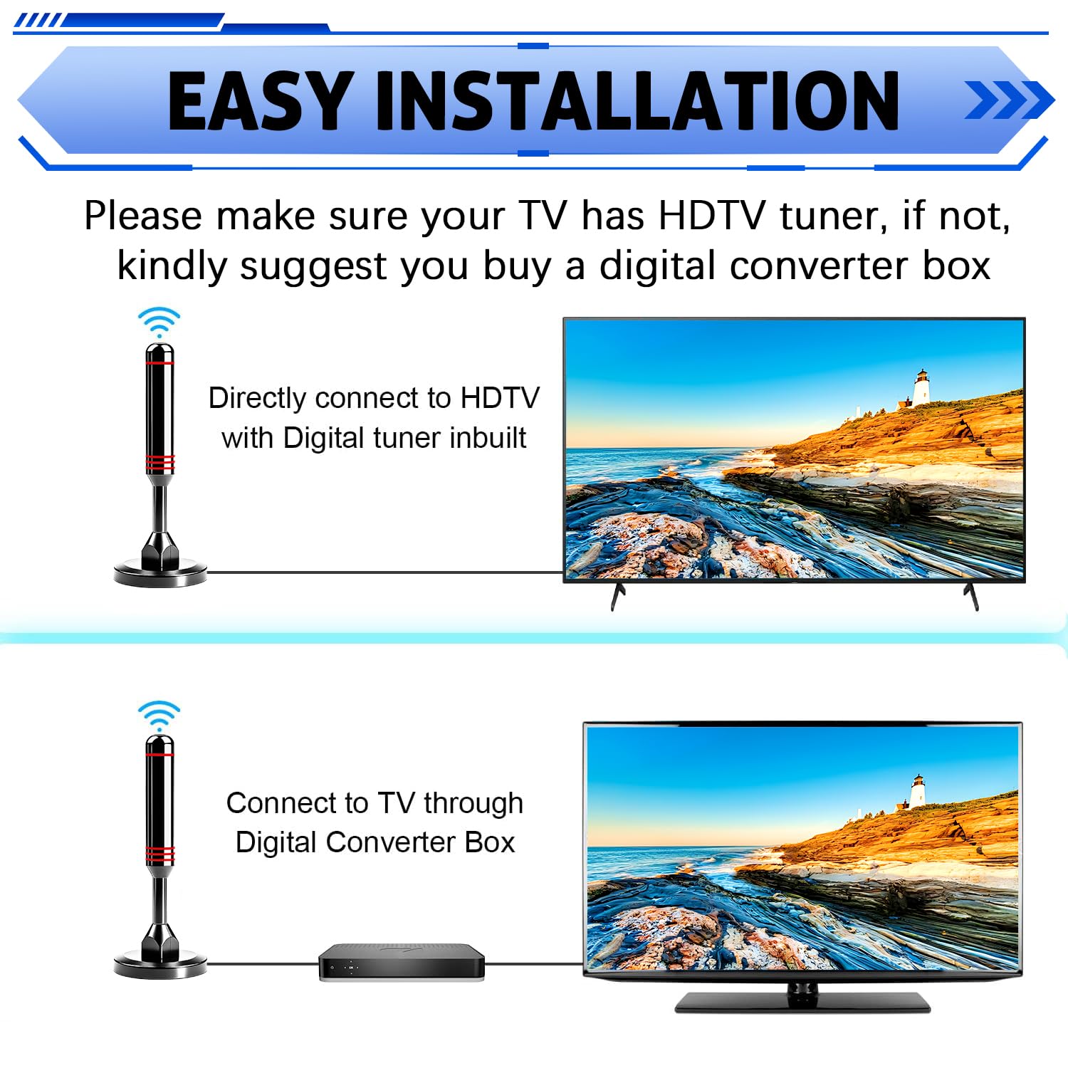Antena de TV para Smart TV Interior, Antena Digital de Interior 2026 con Base magnética Fuerte, Antena de TV de recepción de 360° y Largo Alcance para Canales Locales, Antena Digital HD de fácil