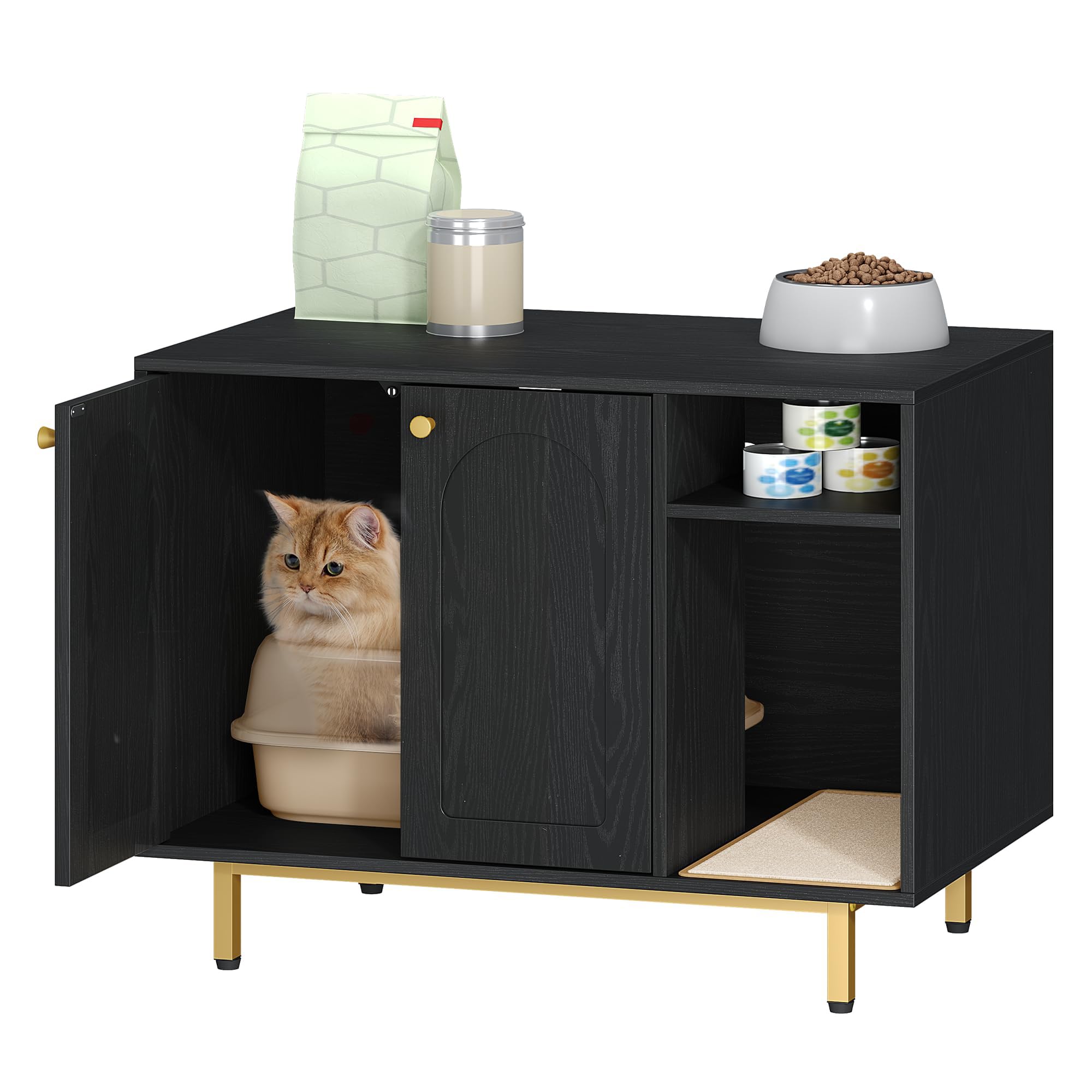 Hzuaneri Mobile Lettiera per Gatti, Mobiletto Lettiera Gatto, Casa per Gatto Multifunzione, Con Porta e Divisorio Separato, Armadietto per Gatti, Facile da Montare, Nero e Oro CB01504G
