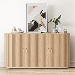 GarveeHome 63" Sideboard Buffet Cabinet with Storage, Modern Fluted Accent Credenza with Adjustable Shelves, Wood Coffee Bar with Curvy Edge, Console Table for Living Room Kitchen Dining Room Hallway