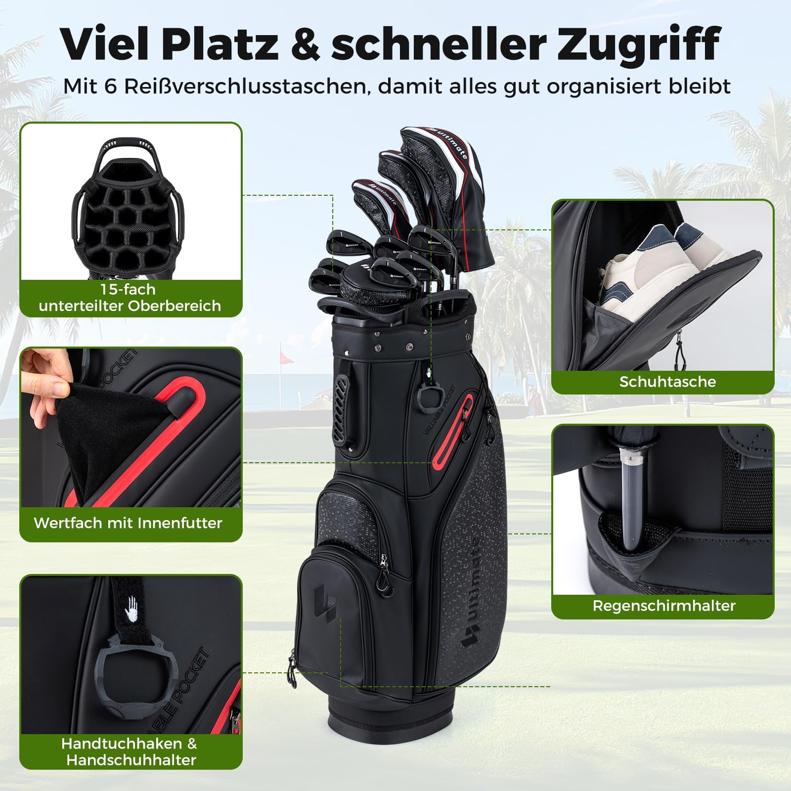 COSTWAY 11 teiliges Golfschläger Set Herren, Golf Set für Rechtshänder mit Golftasche, Golfschlägersätze inkl. 1 Driver, 3 Fairway, 4 Hybrid, 6-SW Eisen,3 Kopfhauben, Putter & Regenhaube