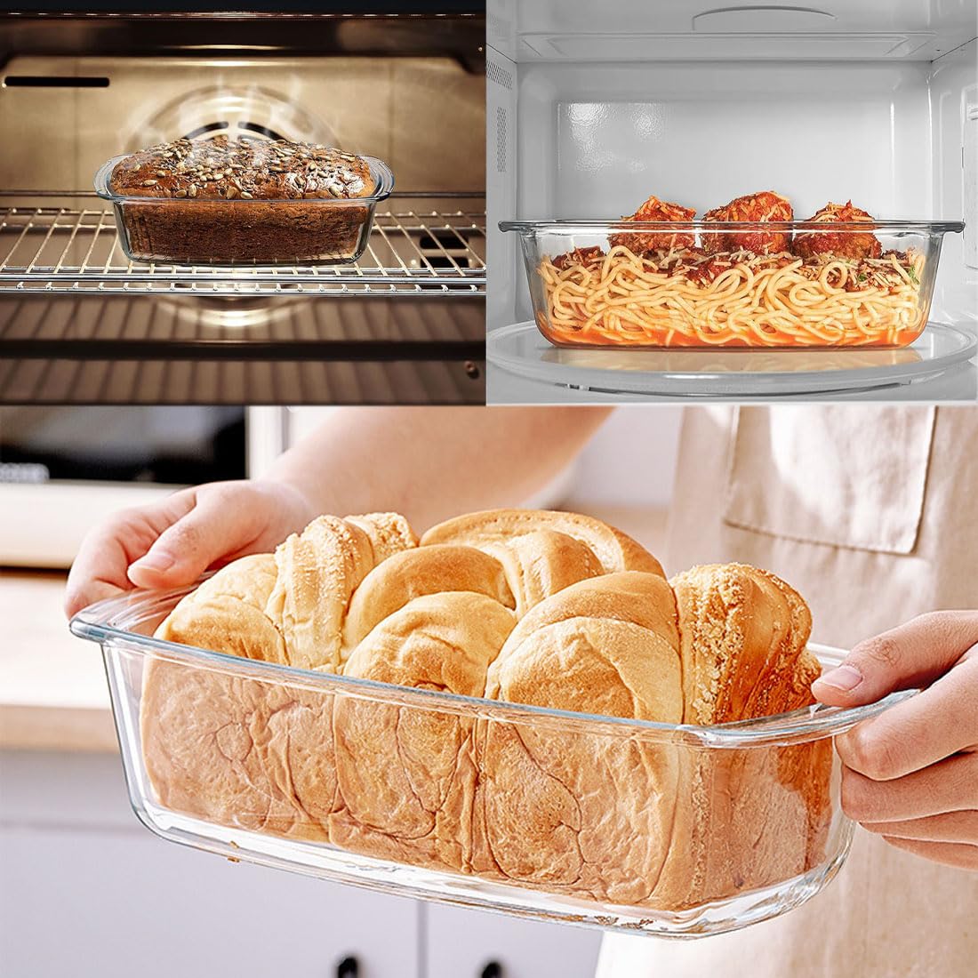AXIM Glas-Kastenform mit Deckel, große Hackbratenform zum Backen von Brot, stapelbar, 1,9 QT/1800 ml, Glas-Brot-Backformen, Lebensmittelaufbewahrungsbehälter