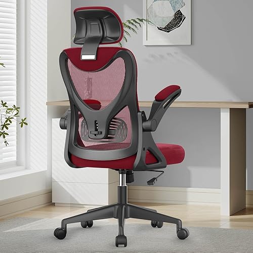 Office Chair - Ergonomic Desk Chair with Lumbar Support Headrest Adjustable, Padded Flip-up Armrests Comfy Seat Cushion High Back Executive Manager Chair For Home Office - Burgundy