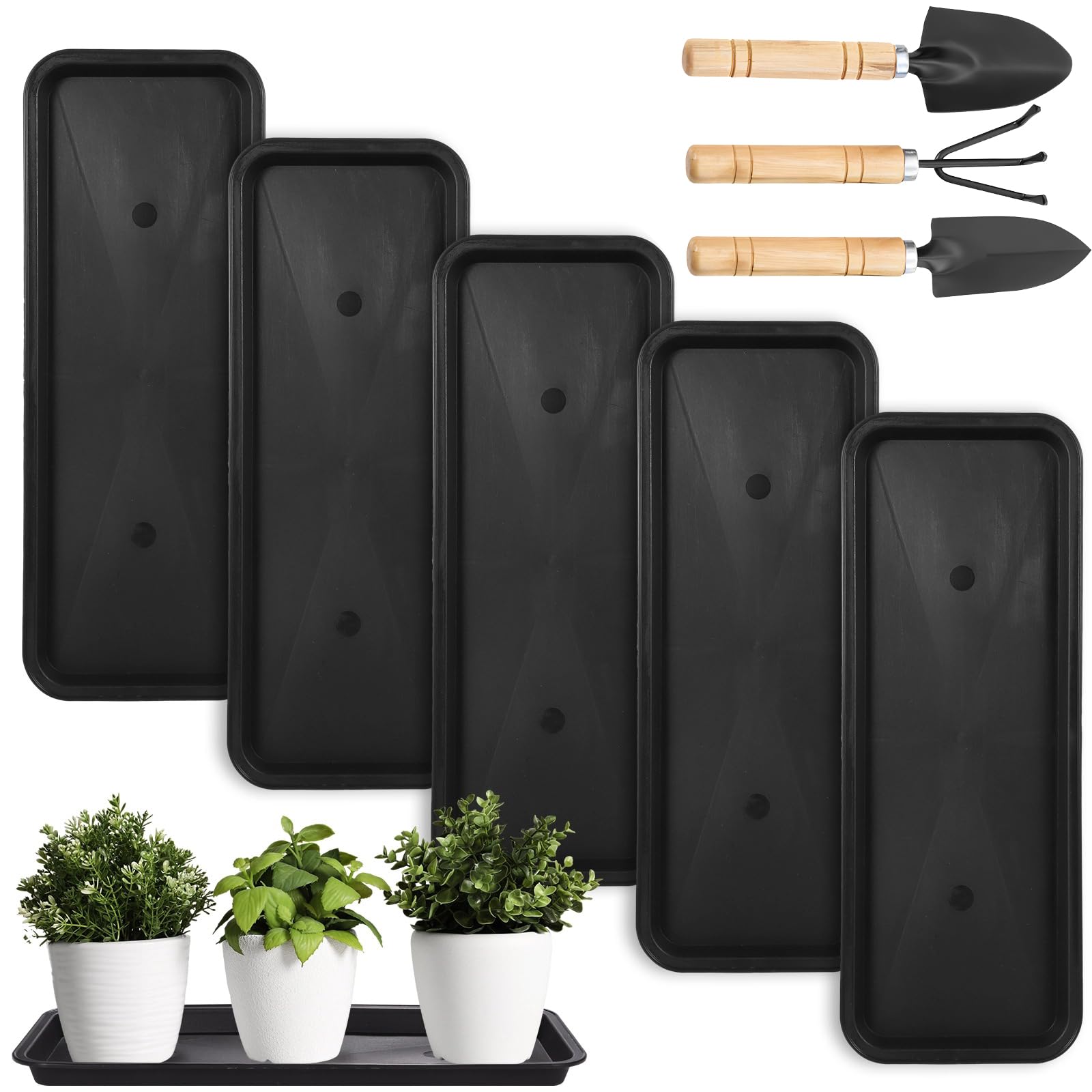 Générique 5 soucoupes rectangulaires en plastique pour pots de plantes, noires, 15,7 x 5,9 x 0,7 pouces, pour intérieur et extérieur, adaptées aux rebords de fenêtre et aux pots de fleurs