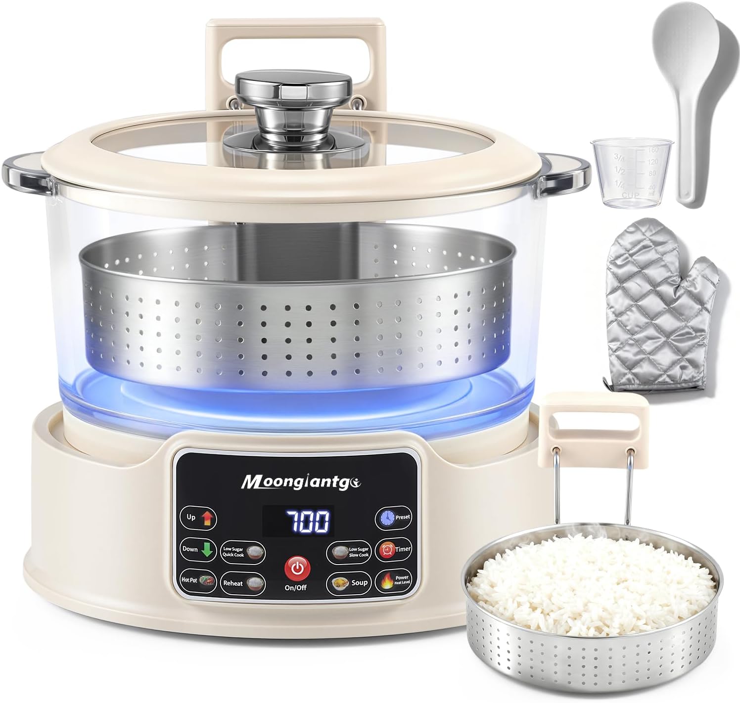 Moongiantgo Low Carb Rice Cooker 3L with Auto Lift Filter Basket, Glass Pot Healthy Low Sugar Rice Maker 700W, Digital Touch Control, 12H Timer & Keep Warm, Steamer for Porridge, Soup, Oats, Grains