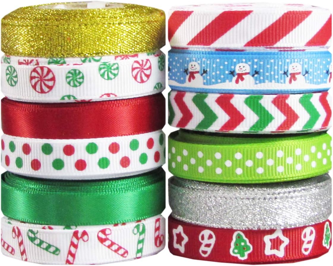 Holiday Christmas Grosgrain Ribbon Set for Gift Package Wrapping, Hair Bow Clip Accessory Making, Crafting, Decoration (60yd(12x5yd) 3/8" Grosgrain Ribbon-Xmas)