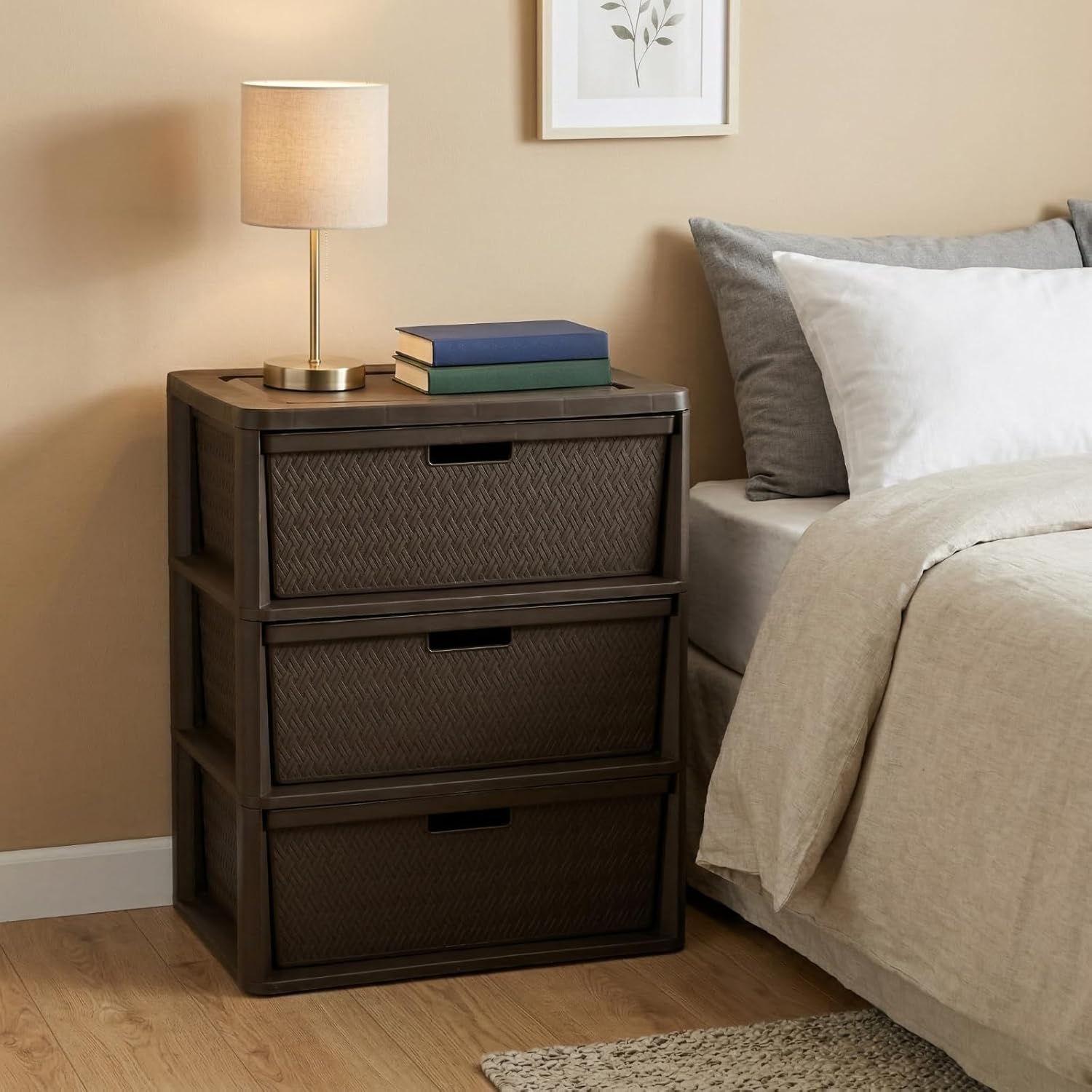Wide 3-Drawer Plastic Storage Tower, Brown Cross-Weave Decorative Organizer Chest with Removable Bins and Easy-Pull Handles for Closet, Bedroom, Dorm, and Office, Brown