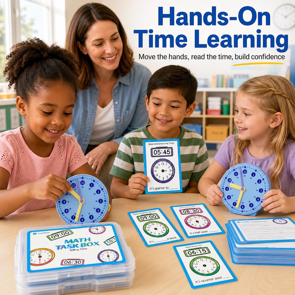 Telling Time Reading Clocks Task Boxes Set 5 Packs | Analog and Digital Clocks Learning Kit, 5 Interactive Teaching Clocks, 60 Erasable Exercises Cards, 5 Storage Boxes