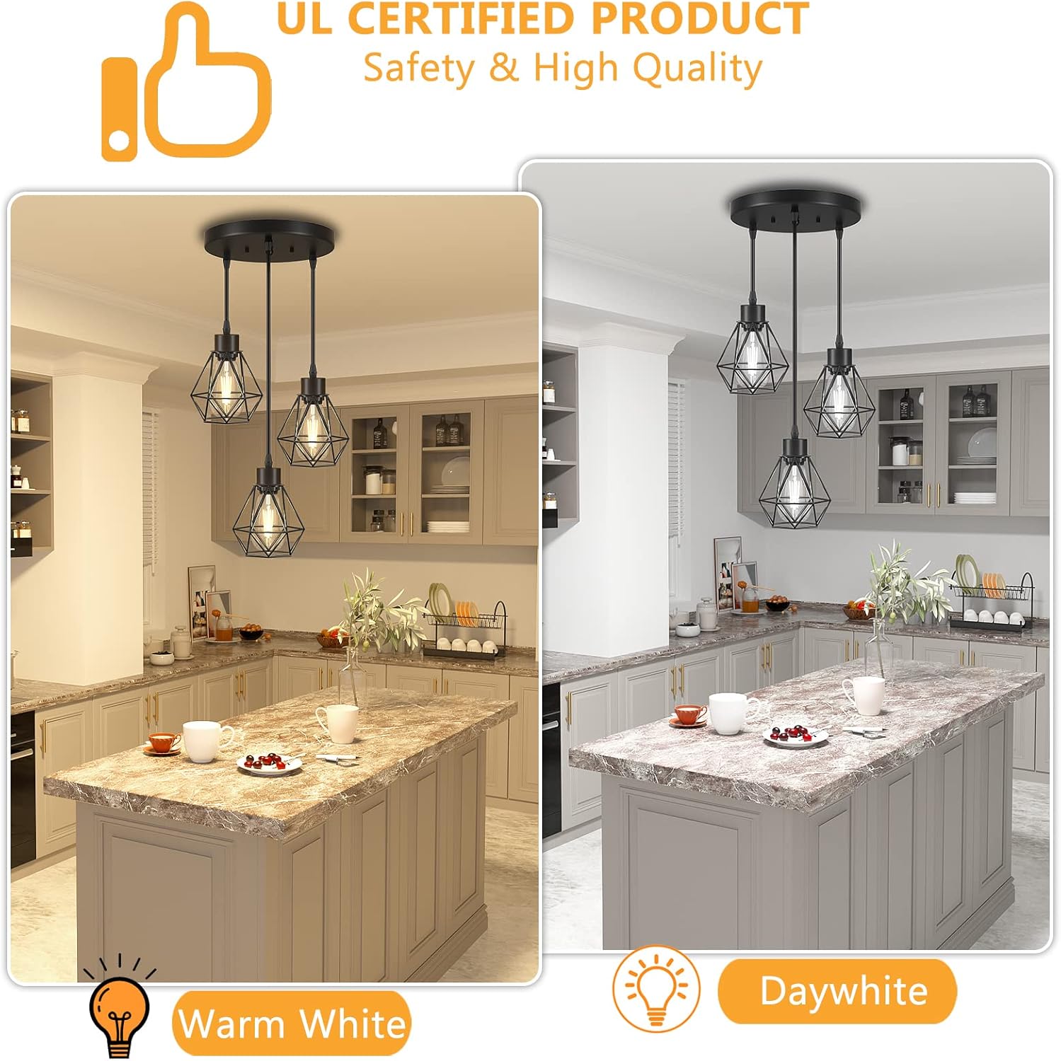 FadimiKoo 3-Light Kitchen Hanging Light Fixtures, Adjustable Farmhouse Light Fixtures Ceiling Pendant Lighting with Black Metal Cage for Dining Room Hallway Bedroom Kitchen Island, E26 Base - - 