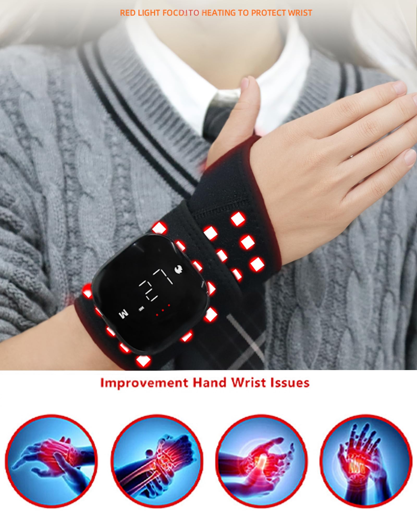 Pulsera de terapia de luz roja con calor y masaje, 36 luces LED, 5 niveles de masaje y 3 ajustes de calor, diseño portátil recargable (1 unidad, negro)