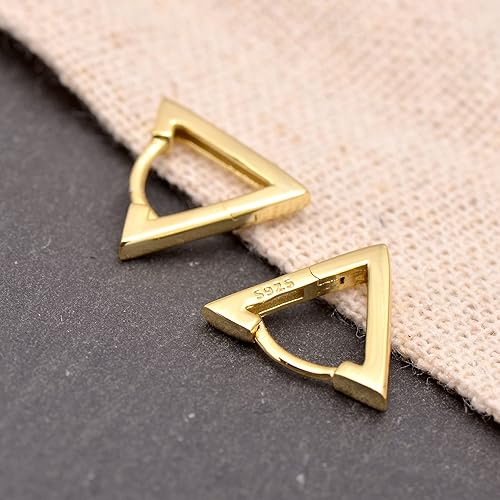 Miniatura 2 de 925 Sterling Silver Small Huggie Hoop Earrings Triangle, Yellow Gold Plated