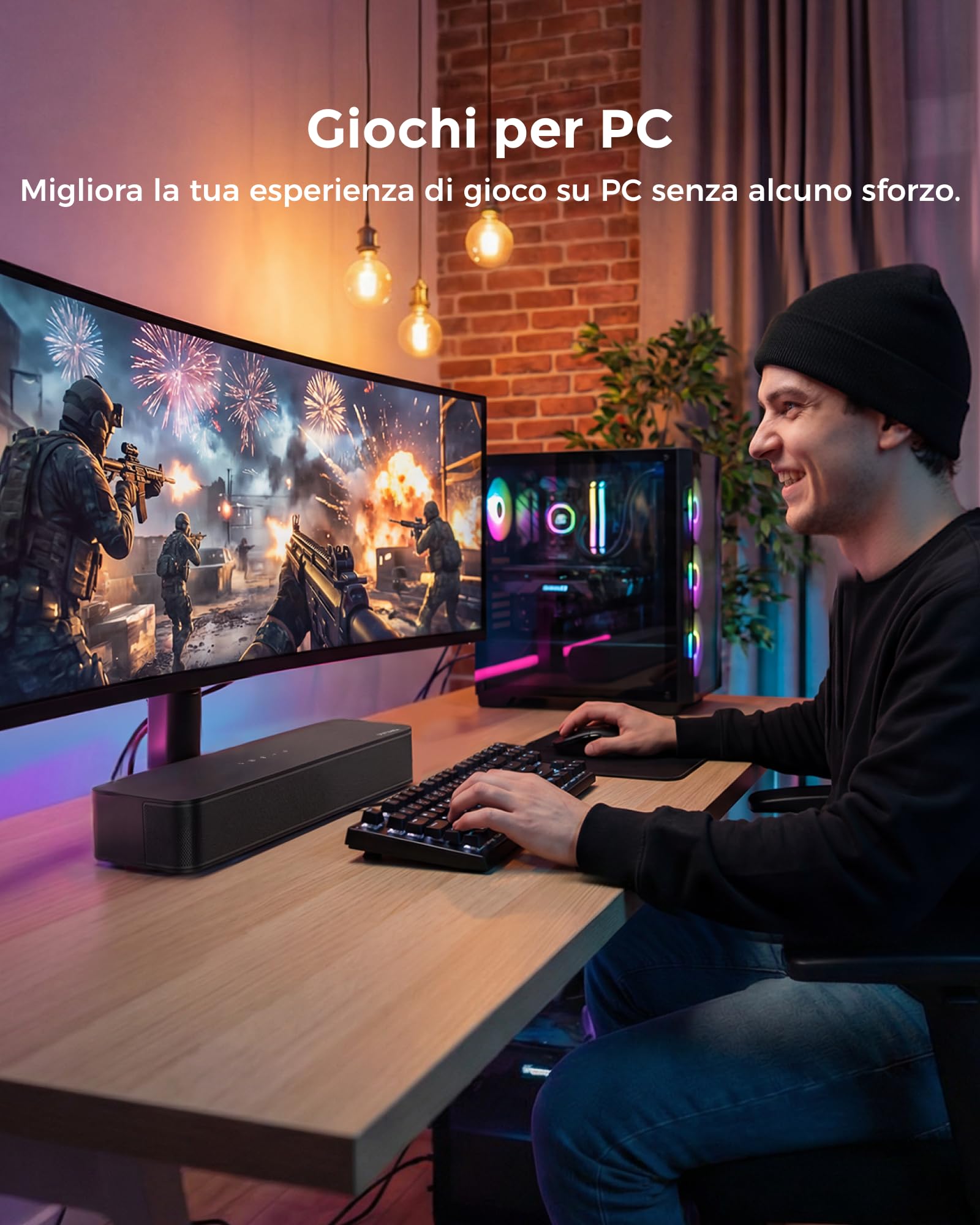 ULTIMEA 2.1 Ch Soundbar Per TV, Subwoofer Integrato, All-In-One Per PC E Giochi. App Controllo, 132W Potenza Picco, Bluetooth 5.4, OPT/AUX Ingressi, Montaggio A Parete, Poseidon M20 Pro