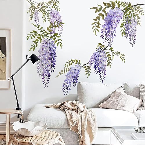 Miniatura 3 de Runtoo Pegatinas de pared colgantes de flores moradas para decoración de pared de glicina, para sala de estar, dormitorio, bebé, niñas, guardería,