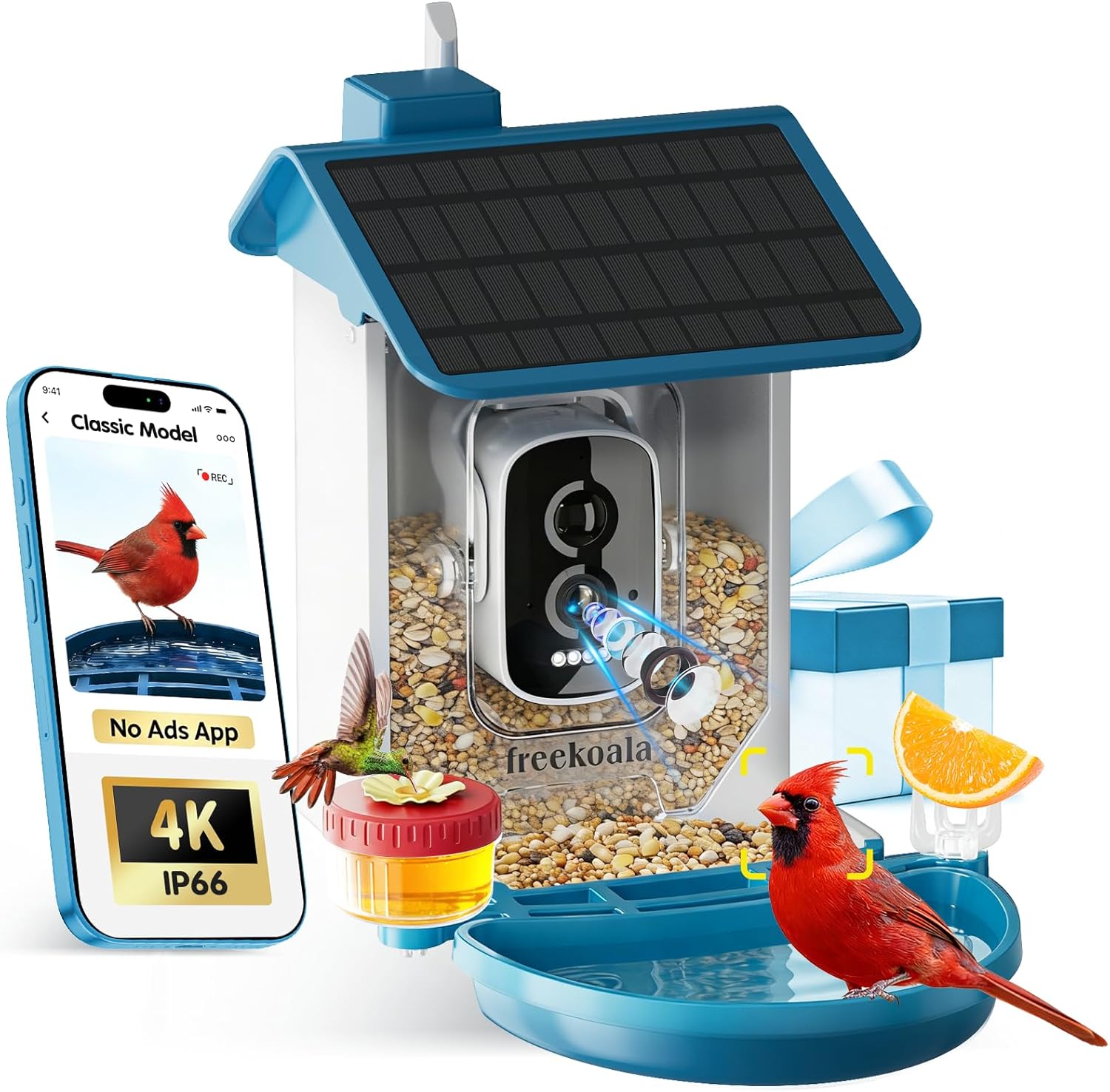 Bird Feeder with Camera, 4K UHD AI Video Bird Feeder Camera, Solar Powered Smart Bird Feeder with Camera for Outside, Instant Arrival Alerts, 3-in-1 Design, Ideal Gifts for Bird Lovers, Blue