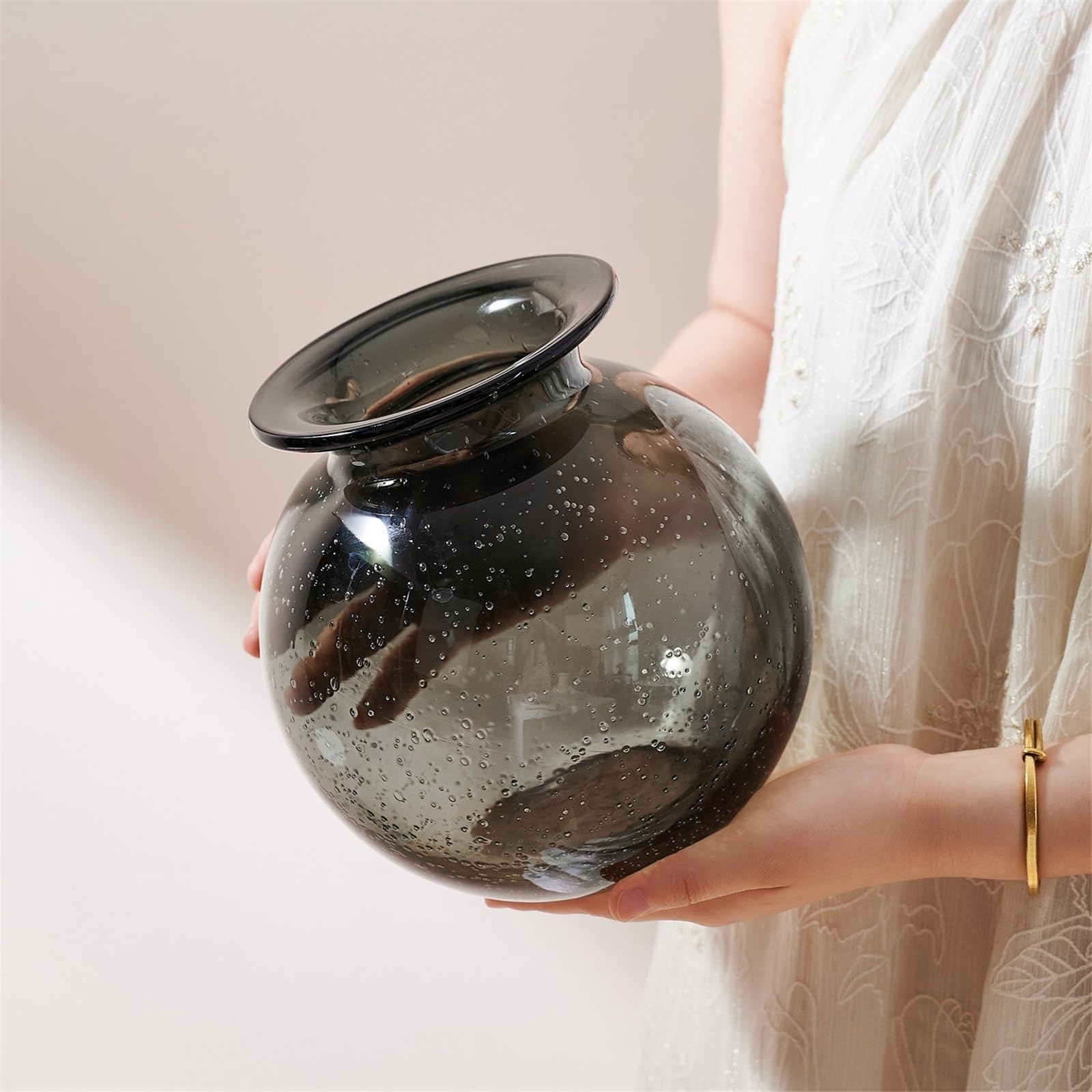 Vasi di Fiori Vaso Moderno in Vetro Grigio con Bolle d'Aria