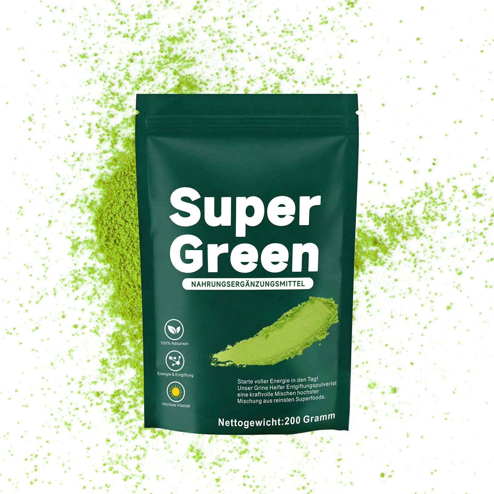 Grüne Entgiftungspulver 200g – Superfood Pflanzenpulver mit Spirulina, Orangengeschmack – Reich an Ballaststoffen & Mikronährstoffen – Vegan, Zuckerfrei, Glutenfrei – Täglicher Energie Helfer