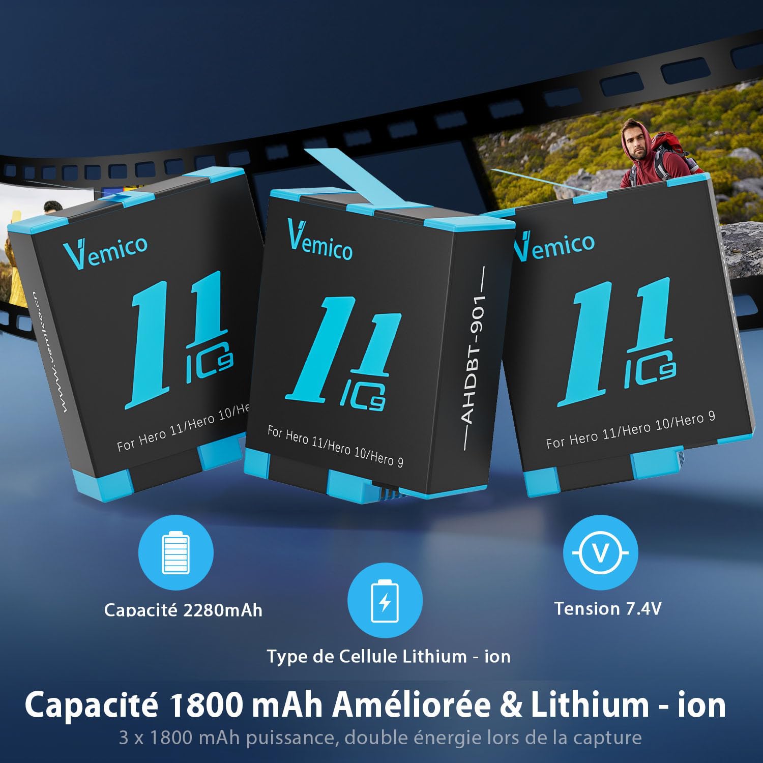 Vemico Hero 11 Batterie Chargeur Kit 3 Pack 1800mAh Hero 10 Batterie Type-C LED 3-Canaux Chargeur AHDBT-901 pour Hero 12Black/ Hero11 Black/ Hero10 Black/Hero 9Black