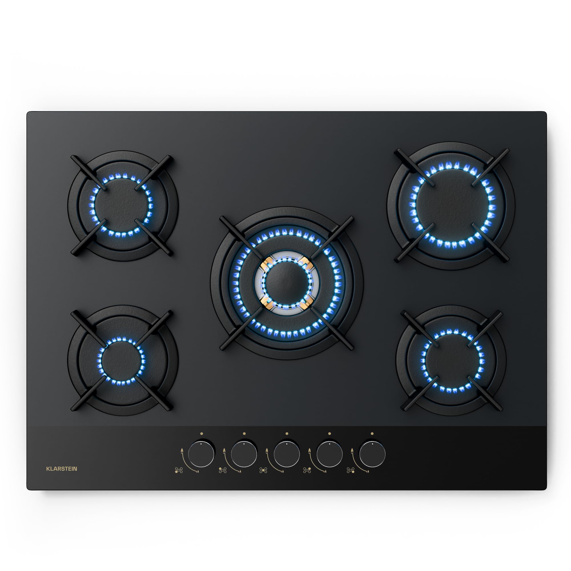 Klarstein Goldflame Nano Płyta gazowa, 70 cm, 5 palników mosiężnych, 10,4 kW, Palnik wok, Szkło z powłoką nano, Zabezpieczenie płomienia, Przezbrojenie na NG/LPG, Czarne pokrętła