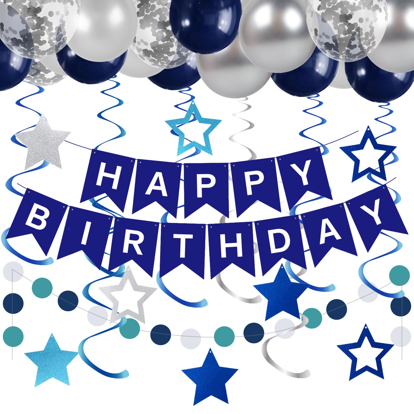 ZHENGYE Blue Birthday Decorations Set Happy Birthday banner Hanging Swirls Circle Dot Garland Confetti Latex Balloon Birthday Party Decoration