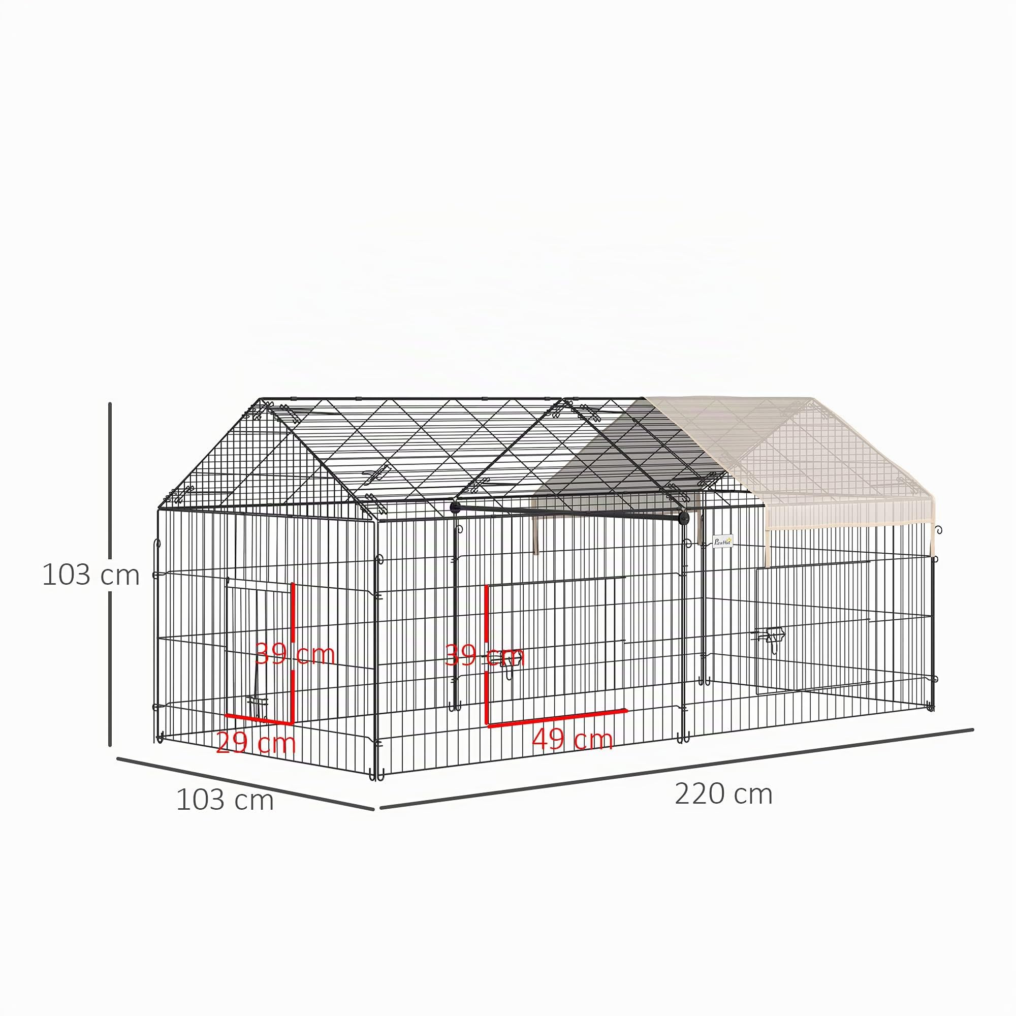PawHut Valla para Animales pequeños Jaula para Mascotas Marco de Metal galvanizado 4 estacas de Tierra Incluidas 220 x 103 x 103 cm Negro y Beige | Jaula para animales domésticos, Recinto exterior de conejo, marco de metal galvanizado, 4 estacas de suelo