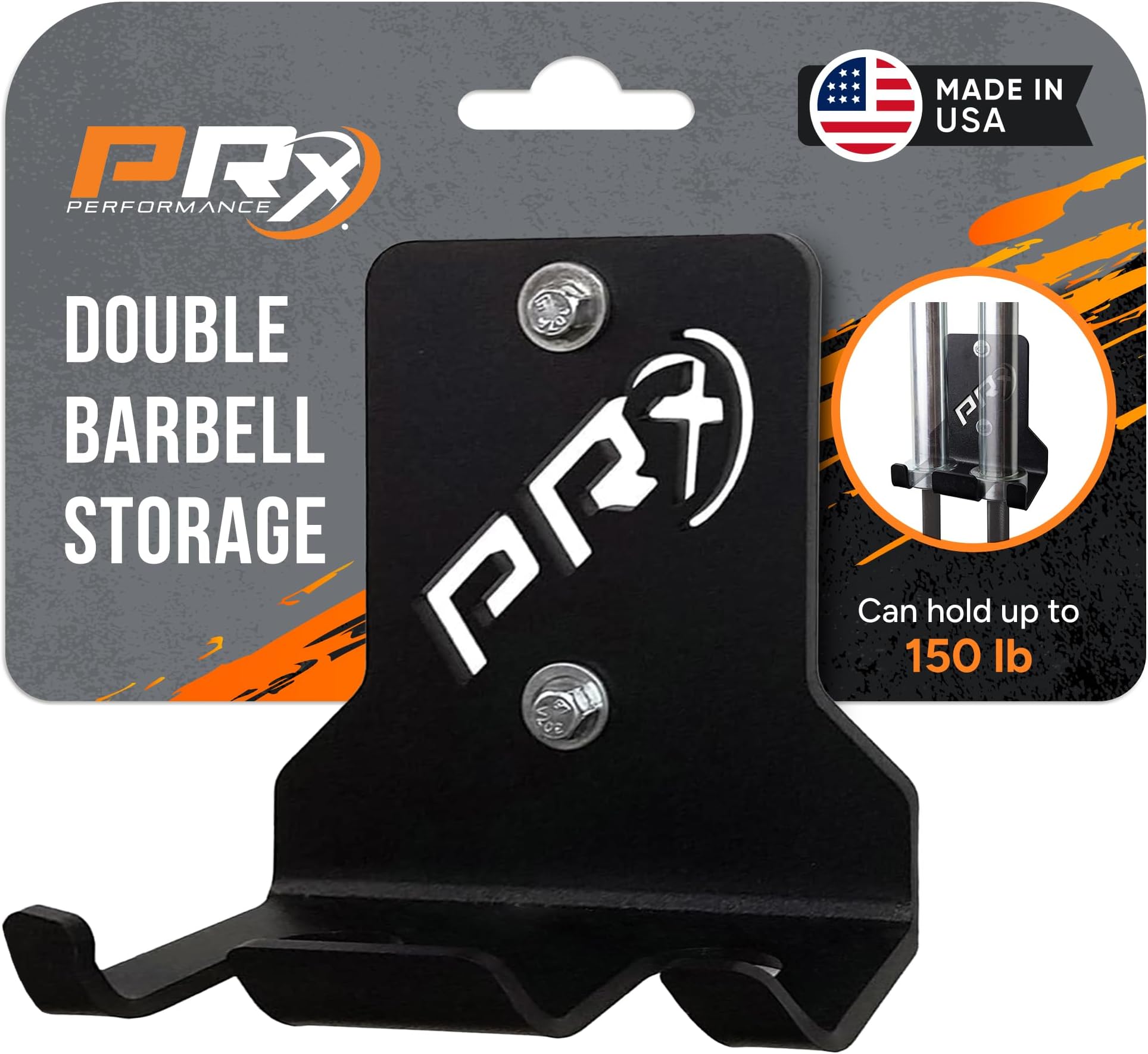 PRx Performance Double Barbell Storage, Wall Mounted Hanging Bar Holder, American Steel, Black Powder Coated, Space Saving Commercial or Home Gym Accessory