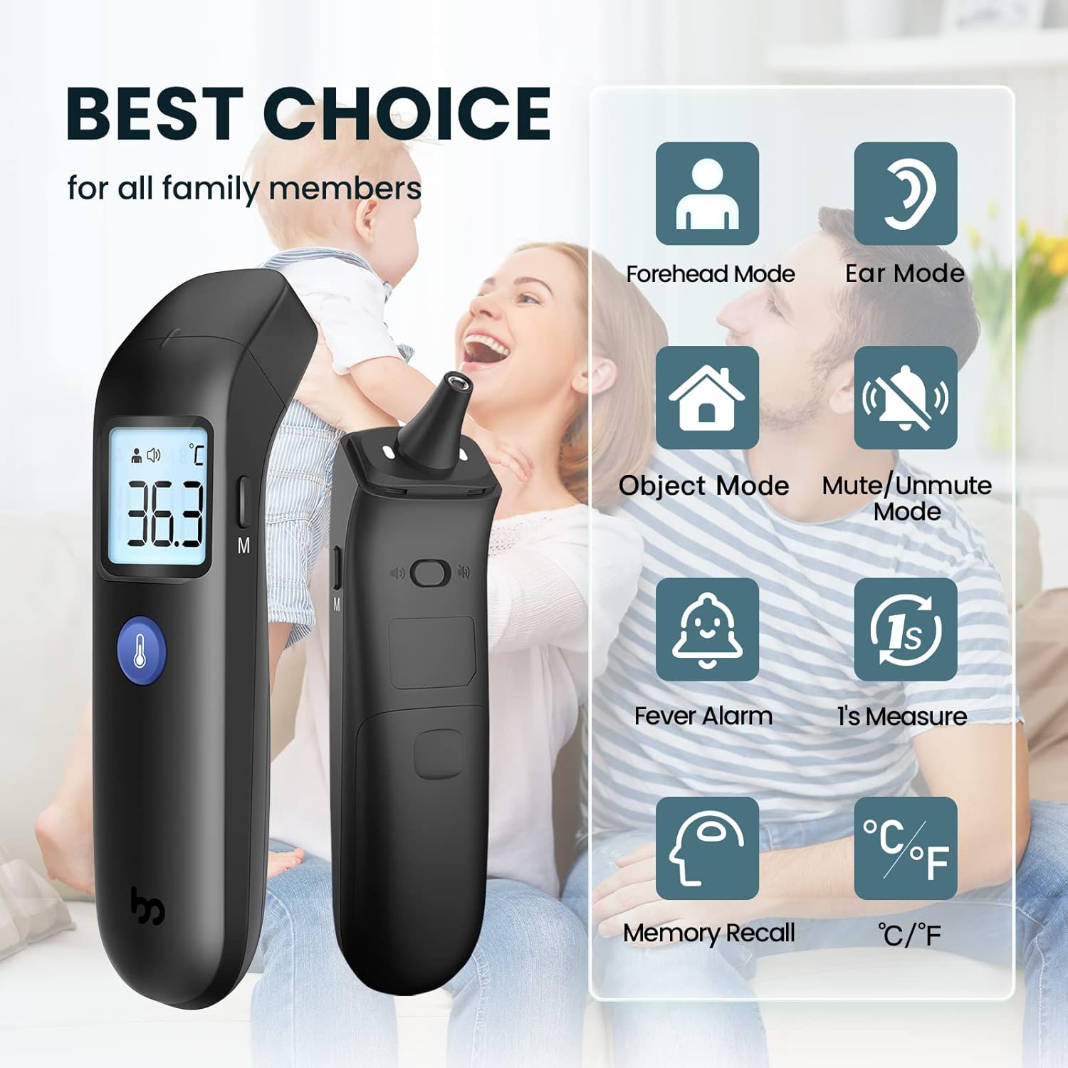 Ear and Forehead Thermometer for Adults and Kids, Digital Infrared Thermometer with Fever Alarm, LCD Backlight Display and Memory Function : Health & Household