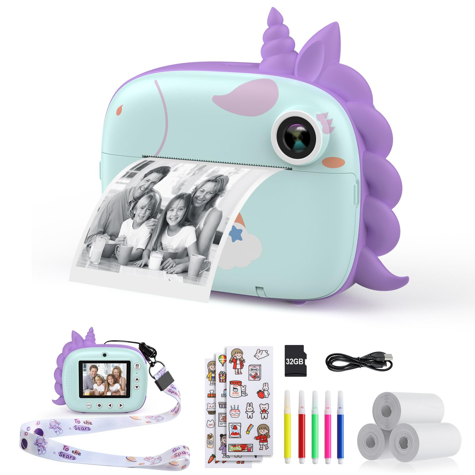 HiMont Kids Camera Instant Print, Digital Camera for Kids with No Ink Print Paper & 32G TF Card, Selfie Video Camera with Color Pens for DIY, Fun Gift for Girls Boys 3-14 Years Old (Green)