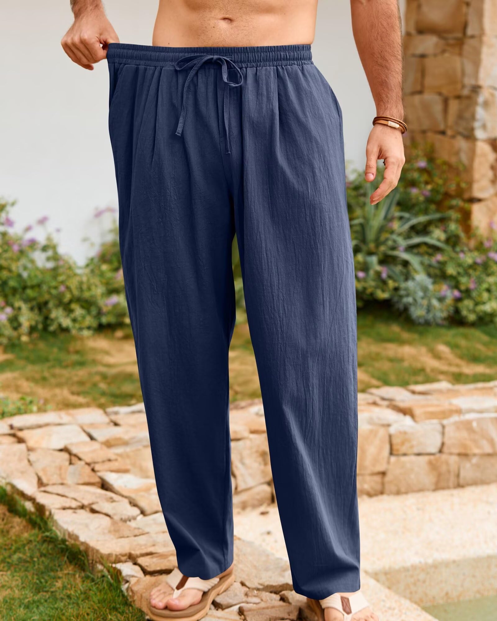 Elainone Pantalon Homme Coton Léger Été Pantalon Décontracté Taille Élastique avec Poches Pantalon Ample pour Vacances Plage Voyage Pantalon Homme Style Casual M-3XL
