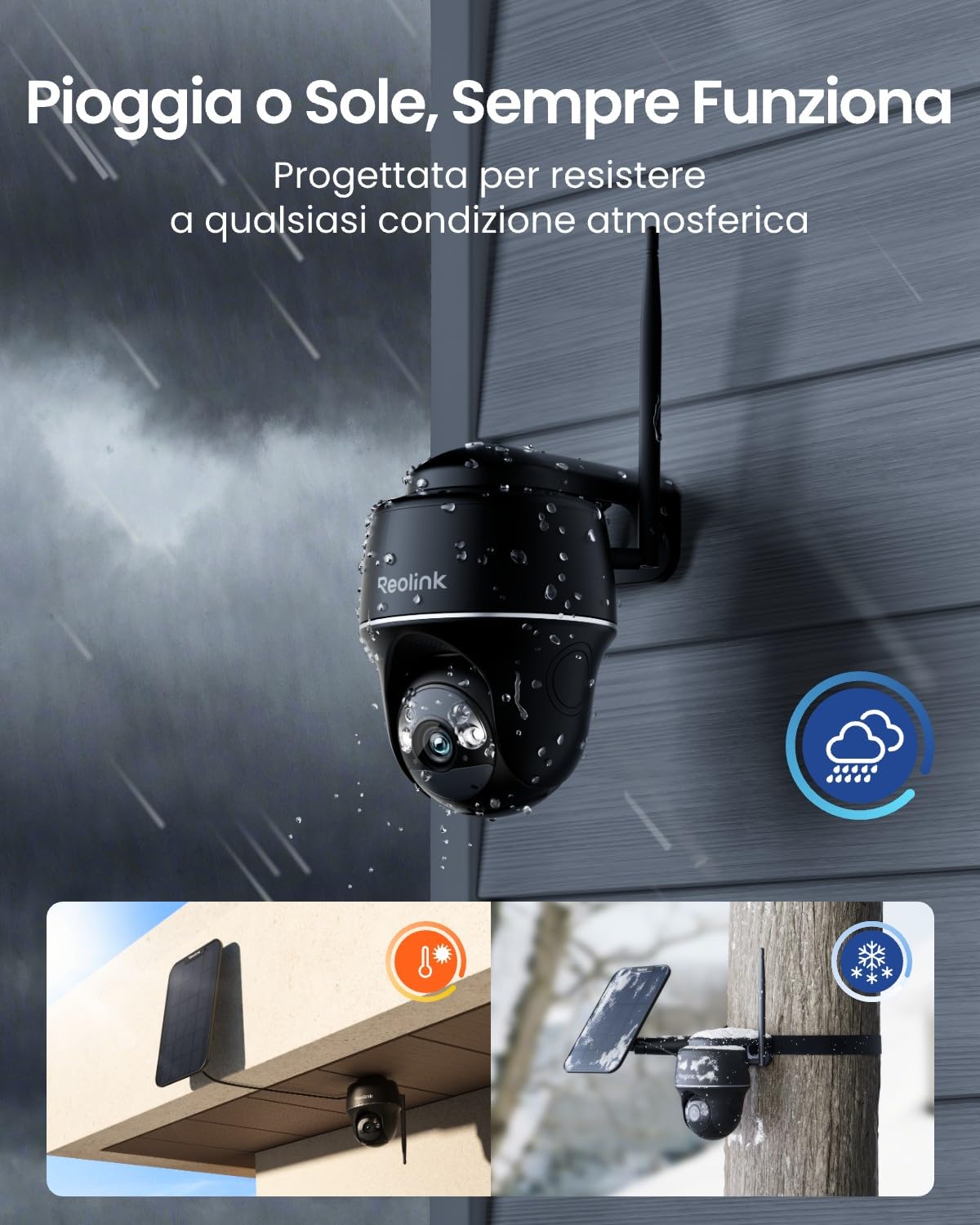 Reolink 5MP Telecamera WiFi Esterno Senza Fili a Batteria, 360° PTZ Videosorveglianza WiFi 2,4/5 GHz, Rilevamento Smart, Audio a 2 Vie, Compatibile con Alexa/Cloud, Argus PT(Nero) con Pannello Solare