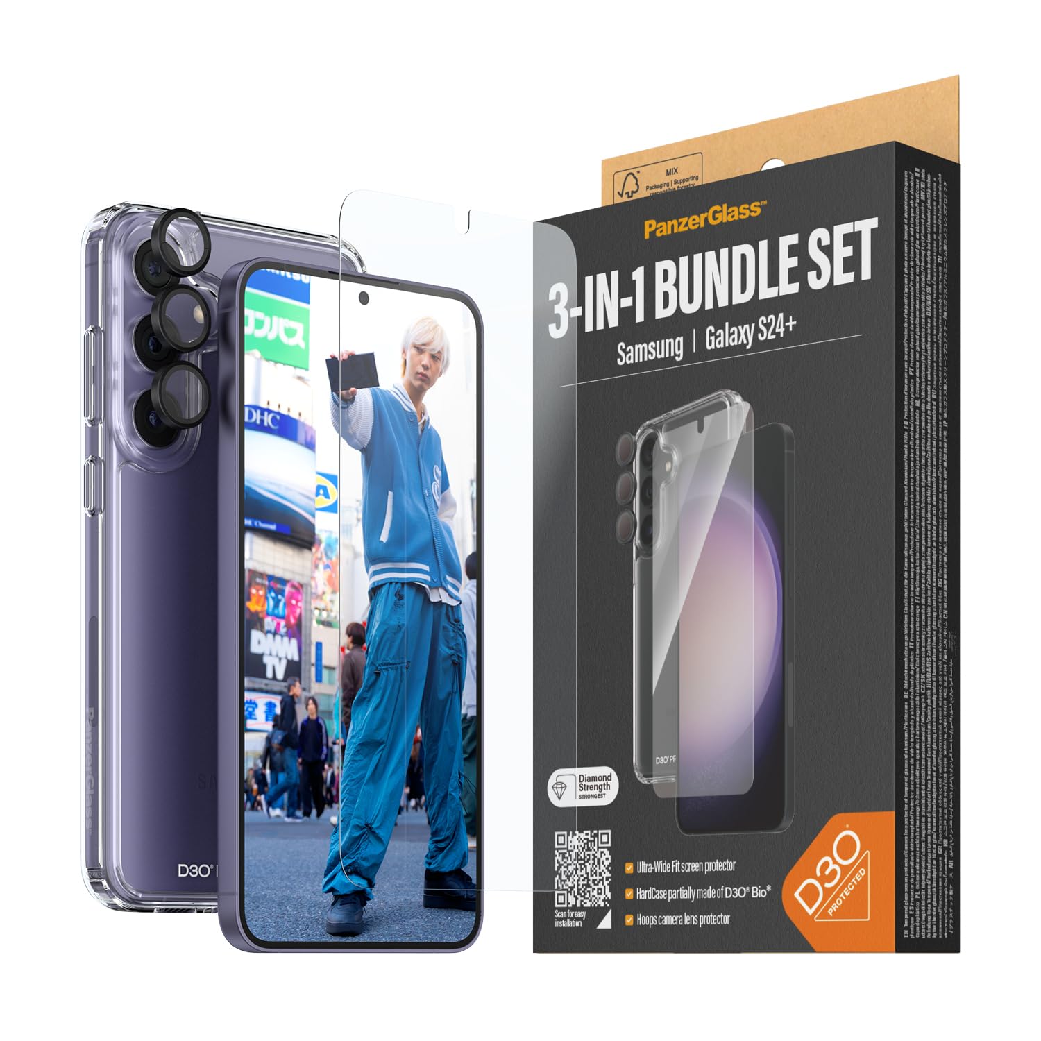 PanzerGlass™ Bundle Protezione 3-In-1 per Samsung S24 - HardCase D3O® Bio, Protezione Lente PicturePerfect, Schermo Ultra-Wide Fit
