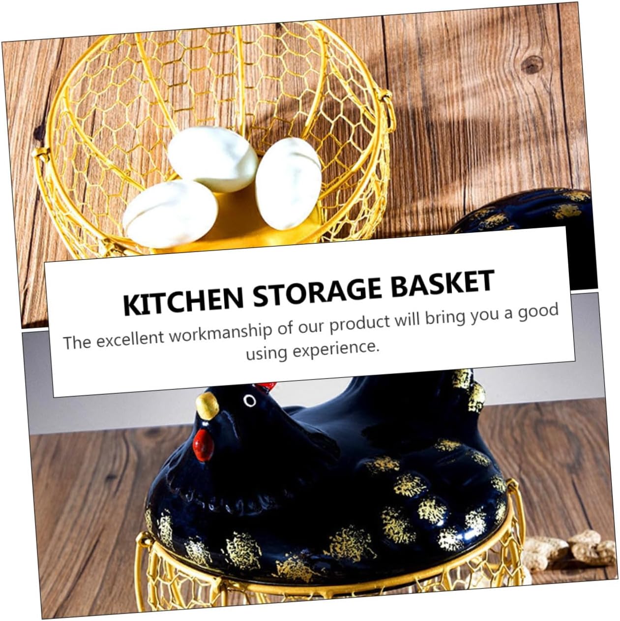 FAVOMOTO Rustic Iron Egg Basket with Lid Black and Gold Wire Egg Holder for Kitchen Storage and Fruit Basket for Countertop Organization