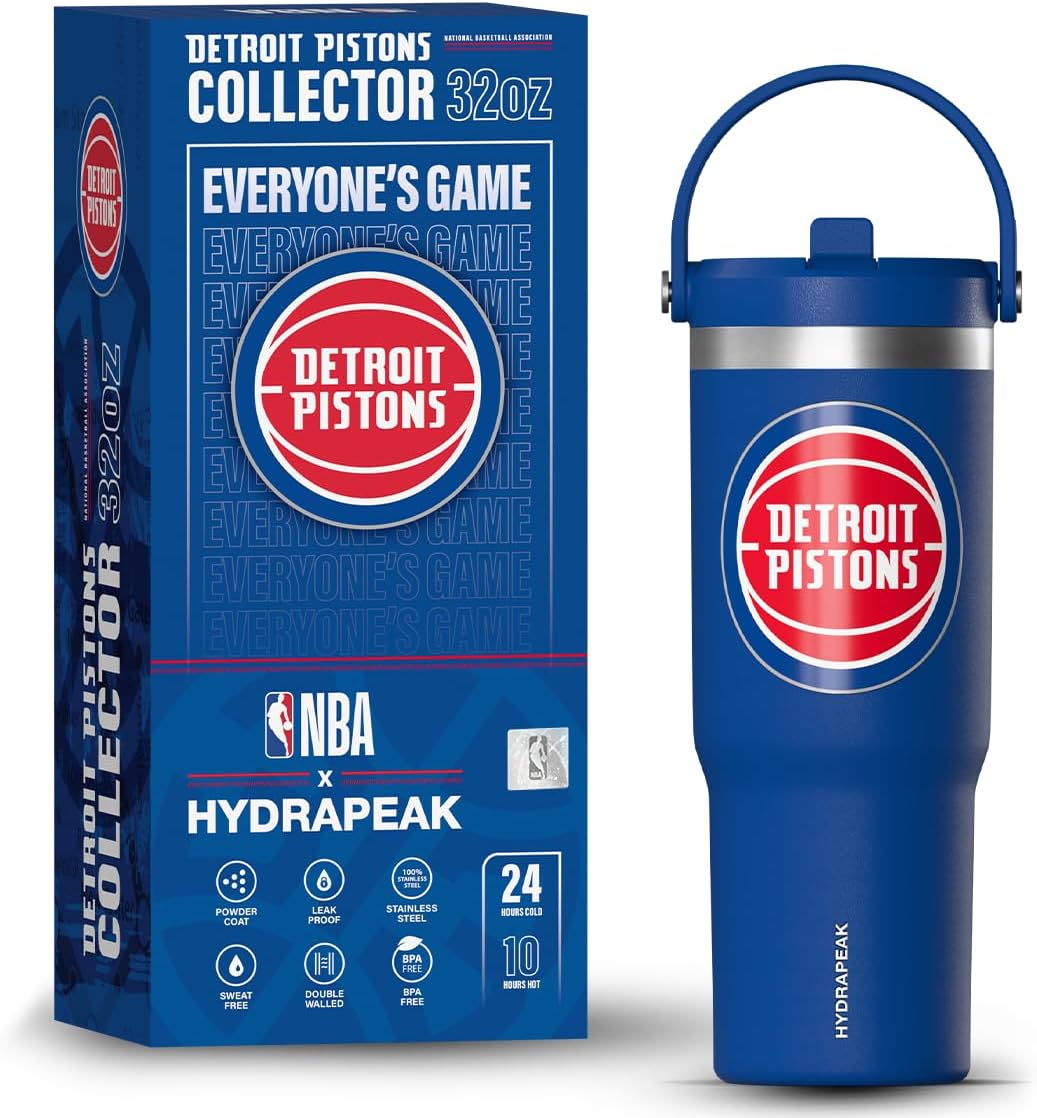Hydrapeak Detroit Pistons 32oz Nomad NBA Tumbler - Licensed Stainless Steel with Handle, Straw Lid, Leakproof in Collector's Gift Box